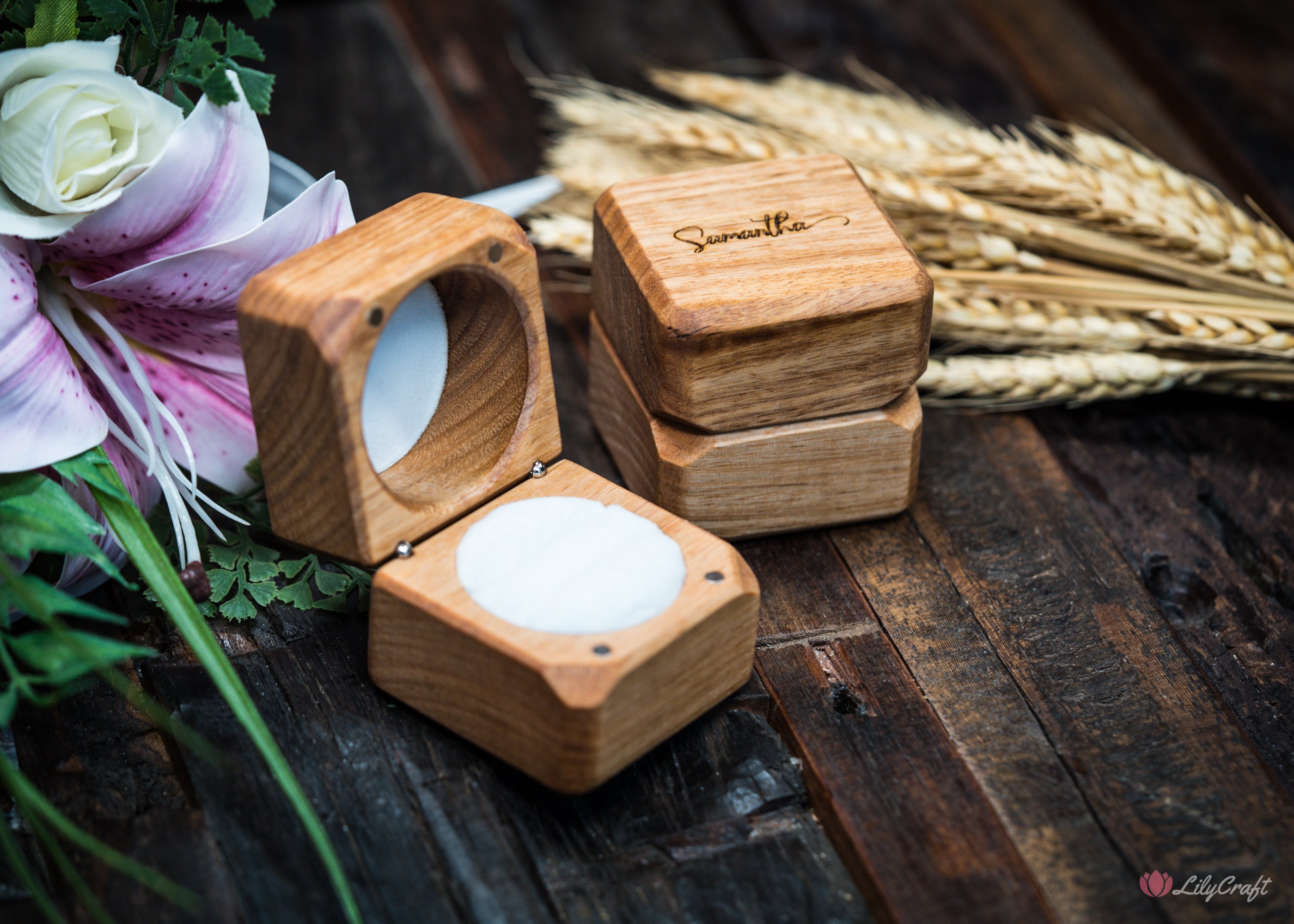 double ring box, engraved wooden ring box