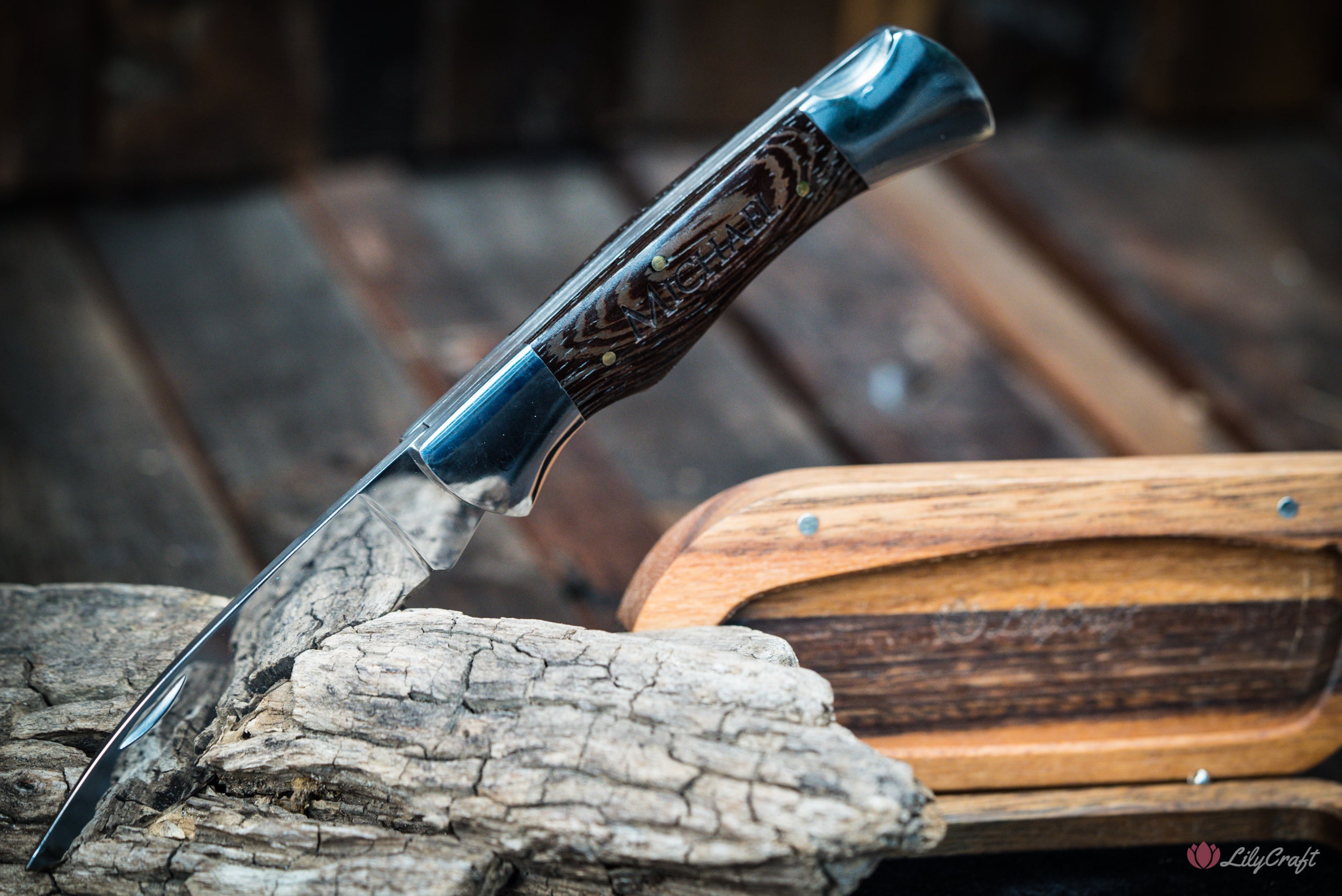 Gentleman's folding pocket knife with personalised engraved handle made from wenge wood
