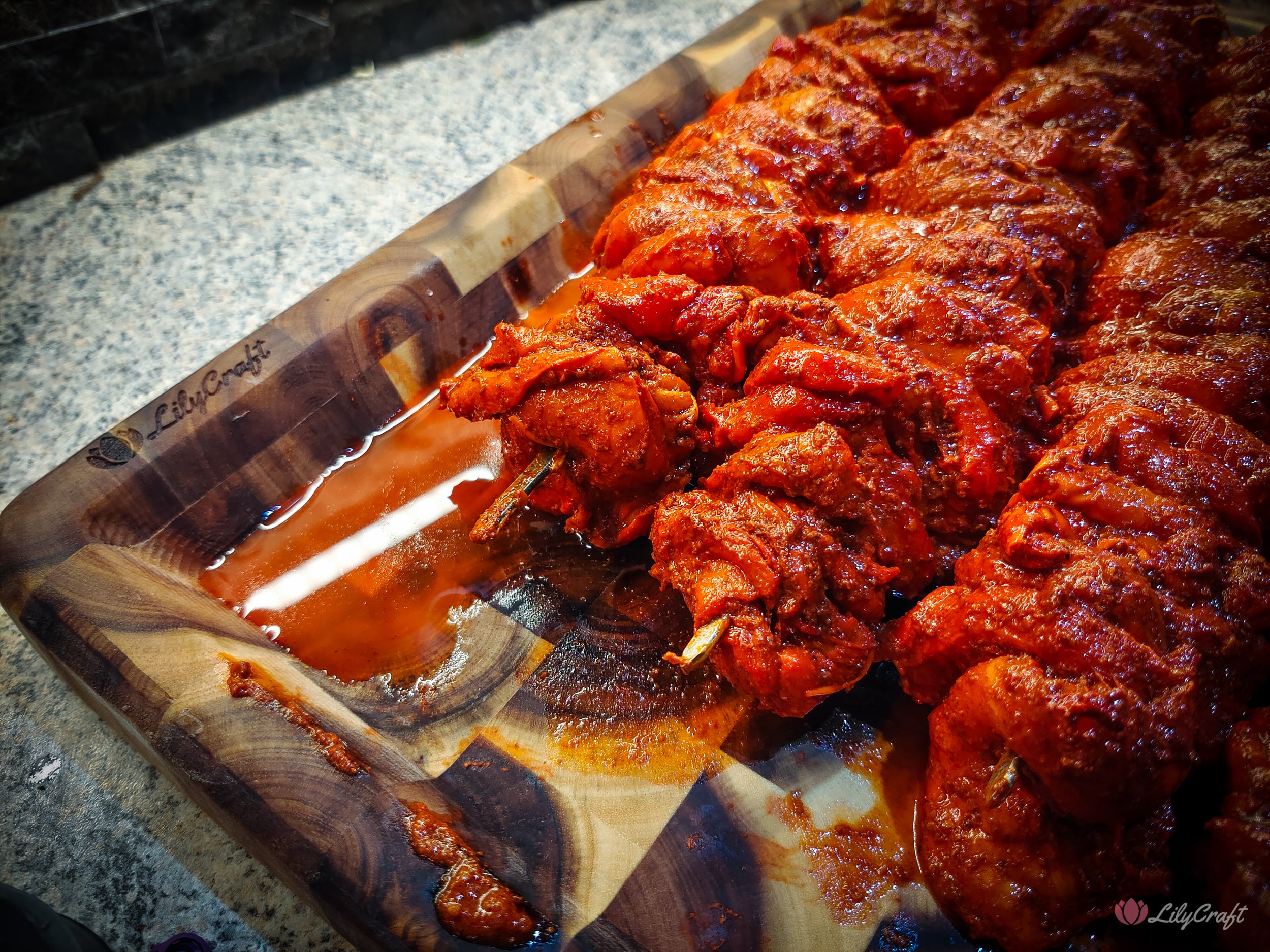 An endgrain butcher's block BBQ cutting board with a statement-making design.