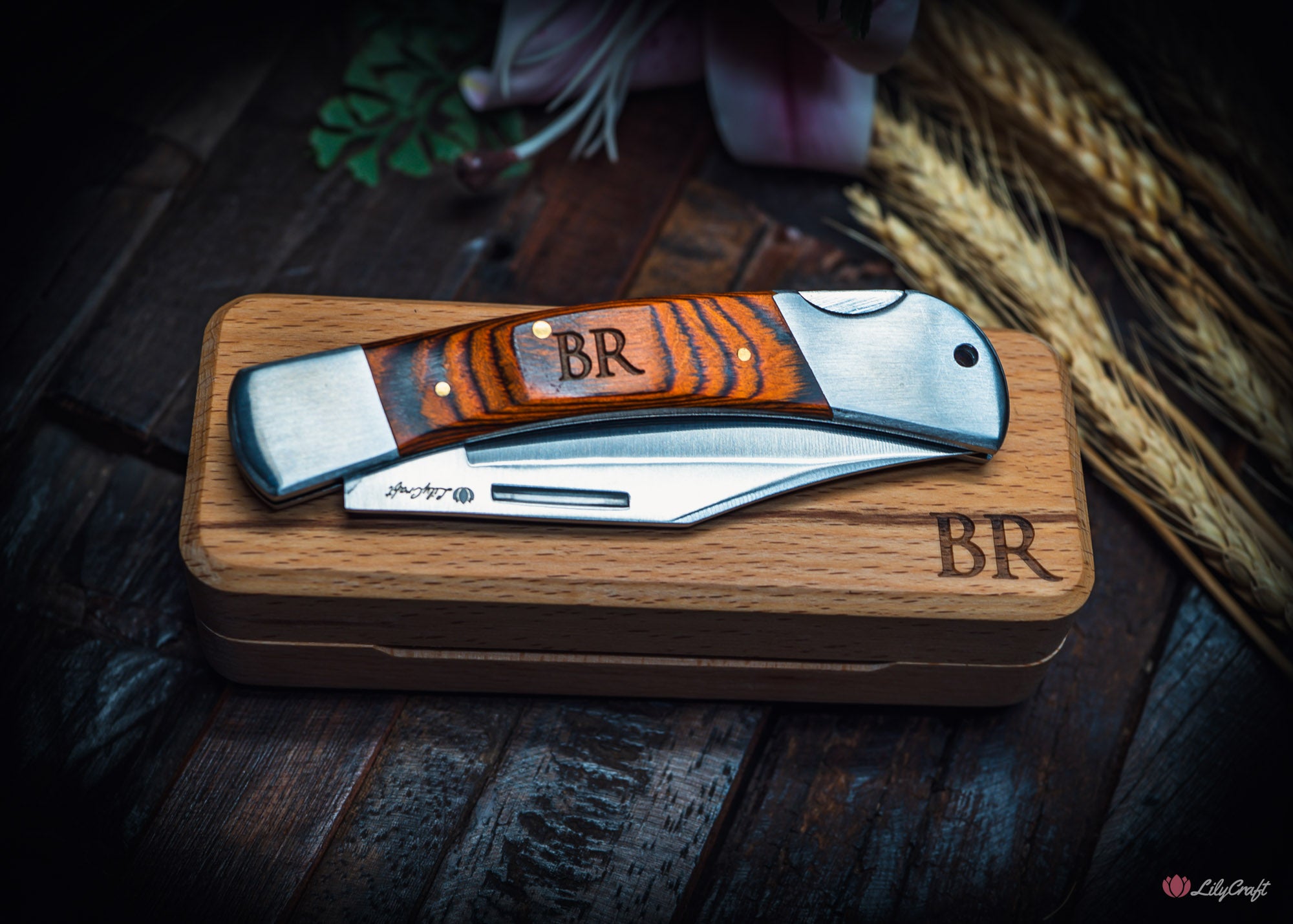 personalised folding knife for men with timber handle