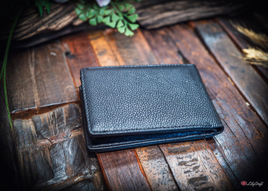 minimalist black leather wallet with textured grain