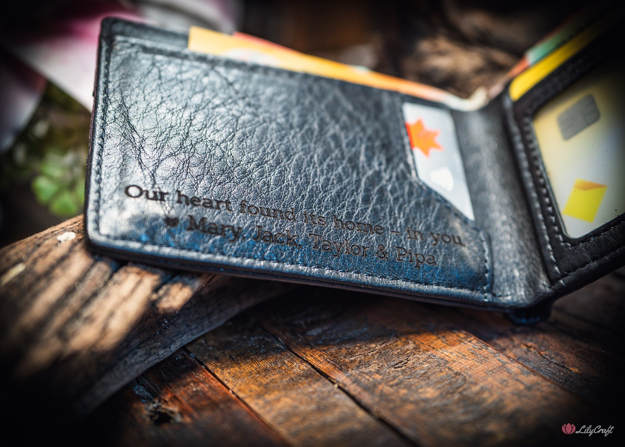 black textured leather wallet for front pocket carry