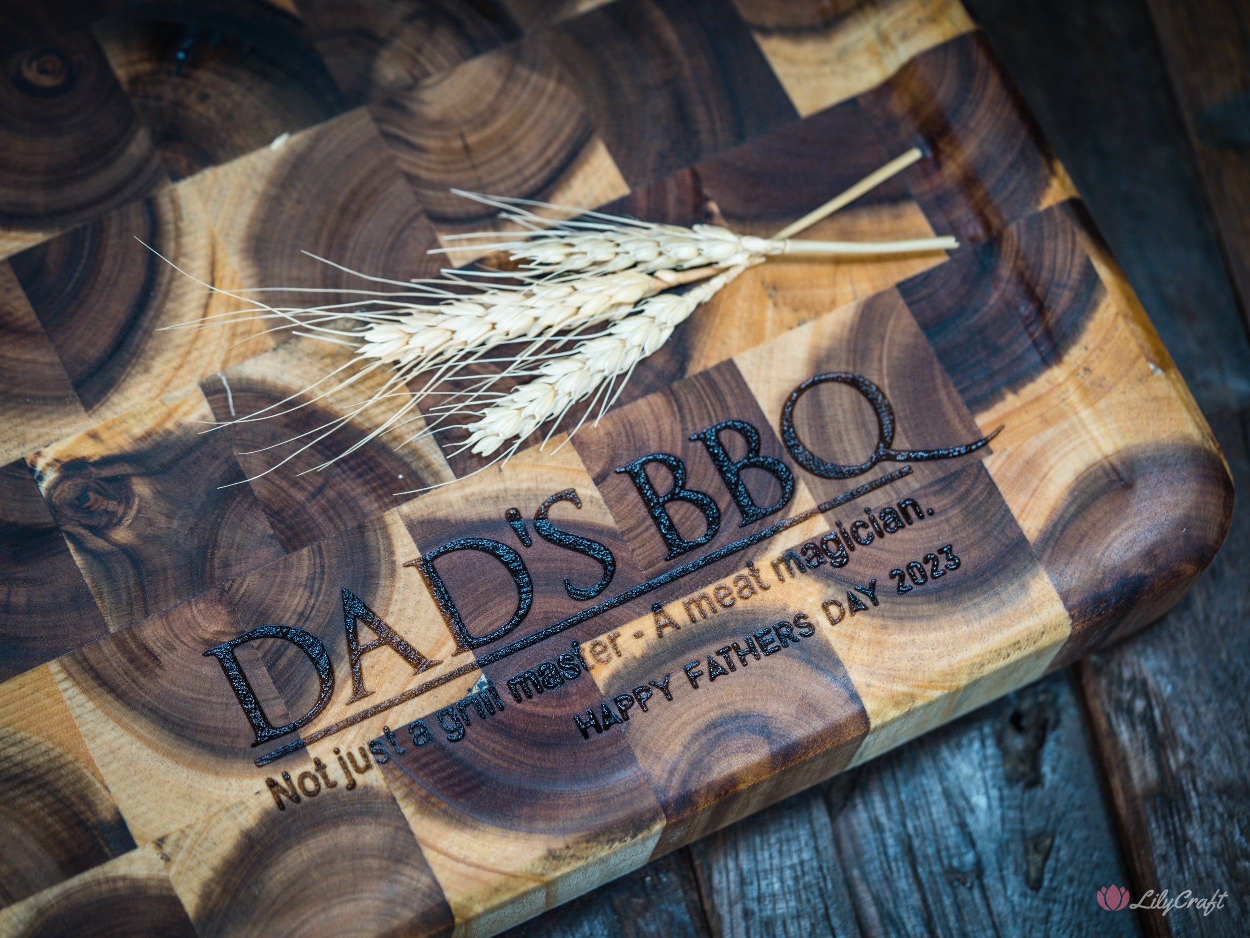 A unique endgrain butcher's block BBQ cutting board with a personalized message.