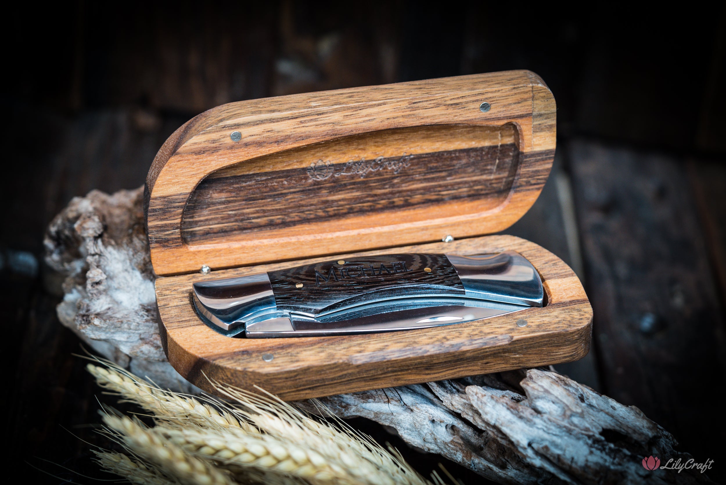 Ebony wood folding pocket knife with personalized engraving
