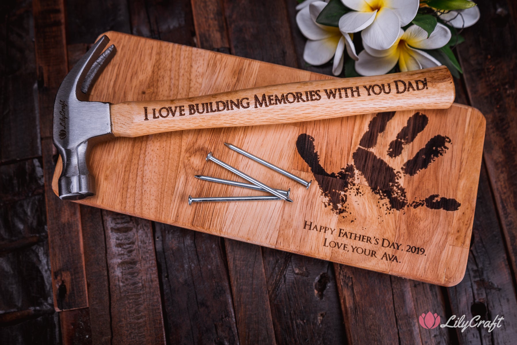 hammer gift set with child hand print engraved