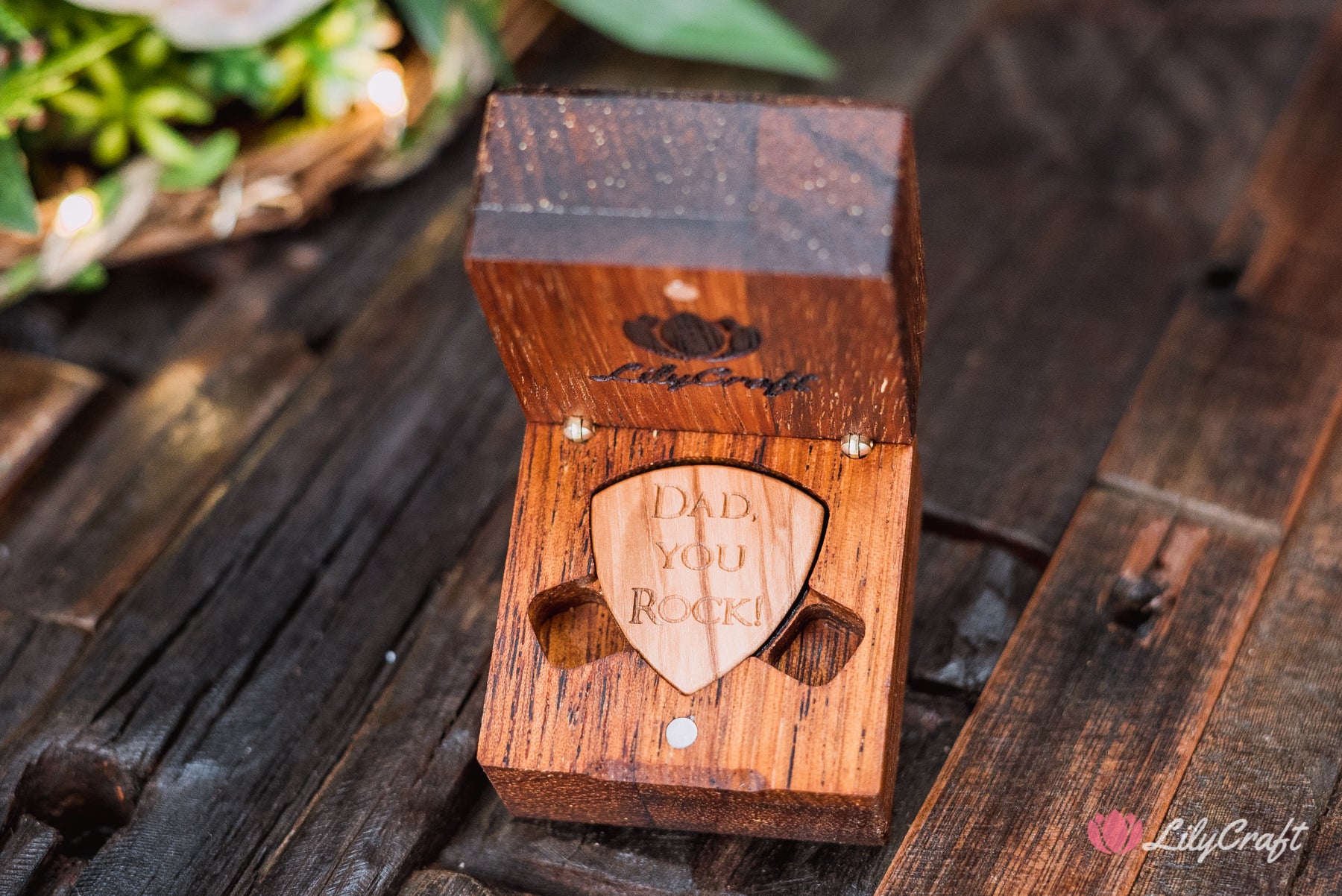 wooden guitar pick with wooden gift box for dad fathers day gift