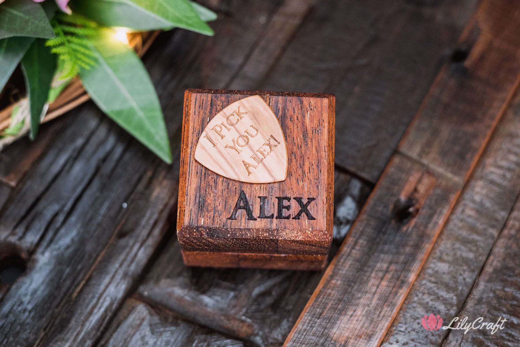 custom engraved guitar pick with wooden box