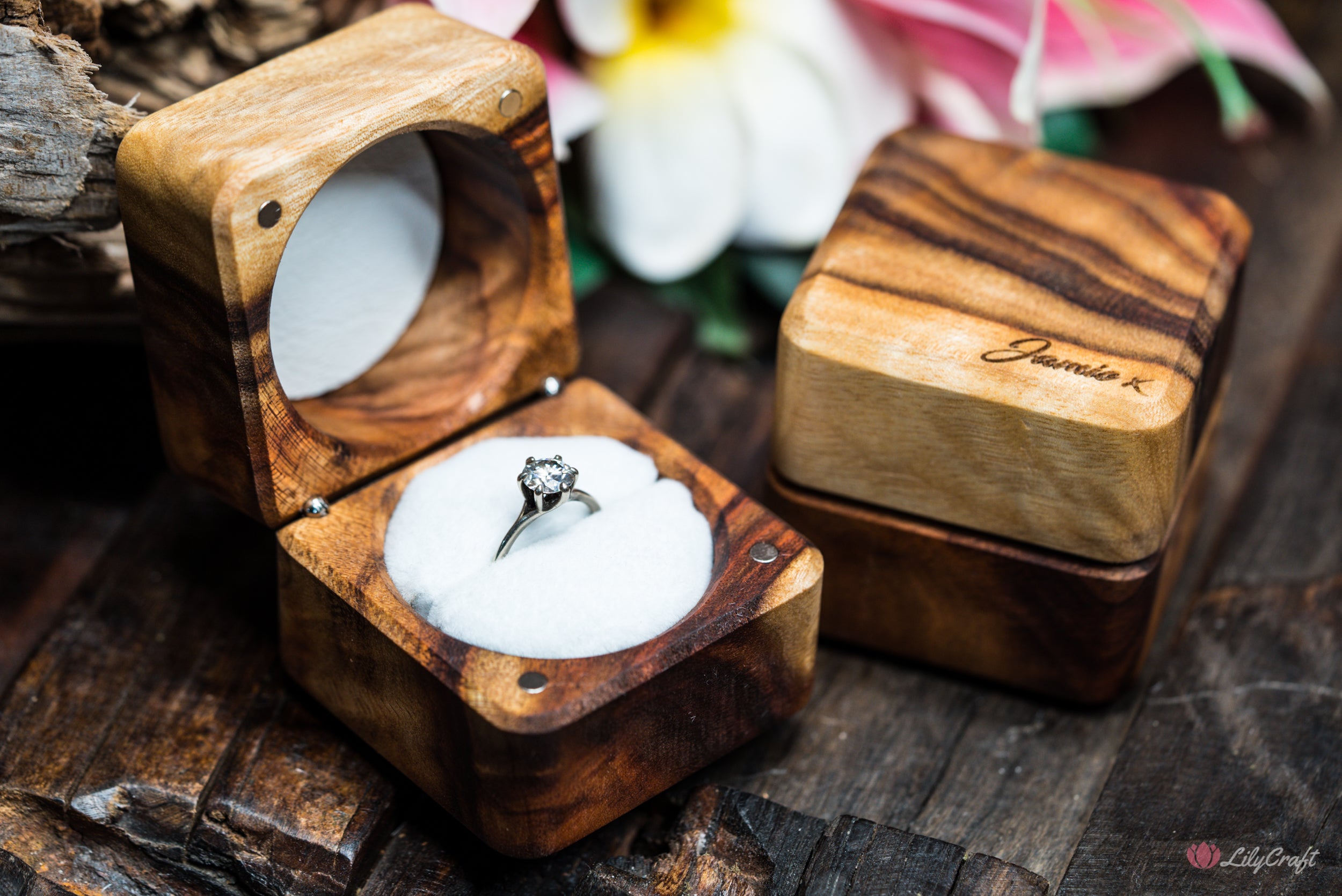 Camphor wood ring box with velvet interior