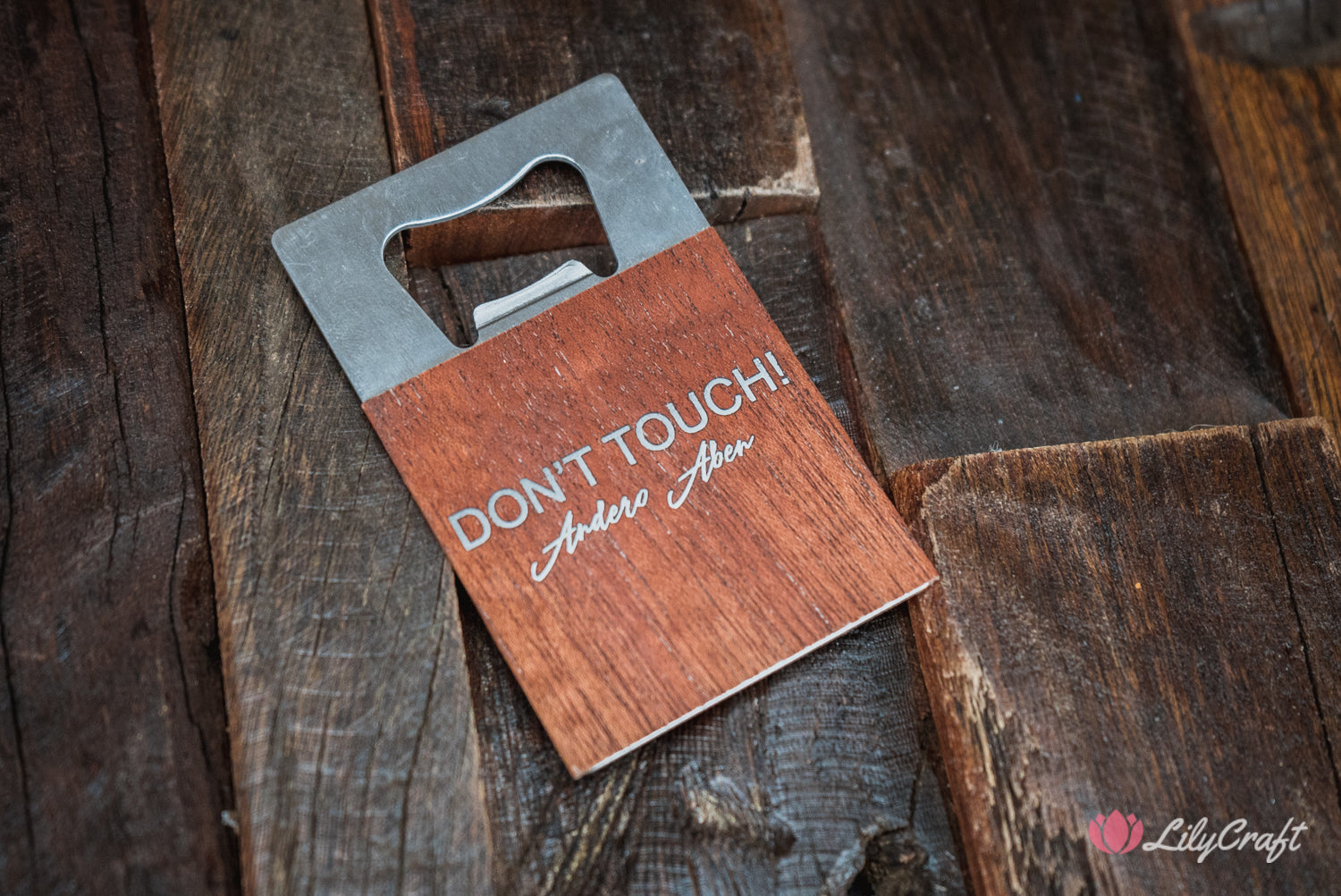 engraved bottle opener wallet sized wooden steel opener