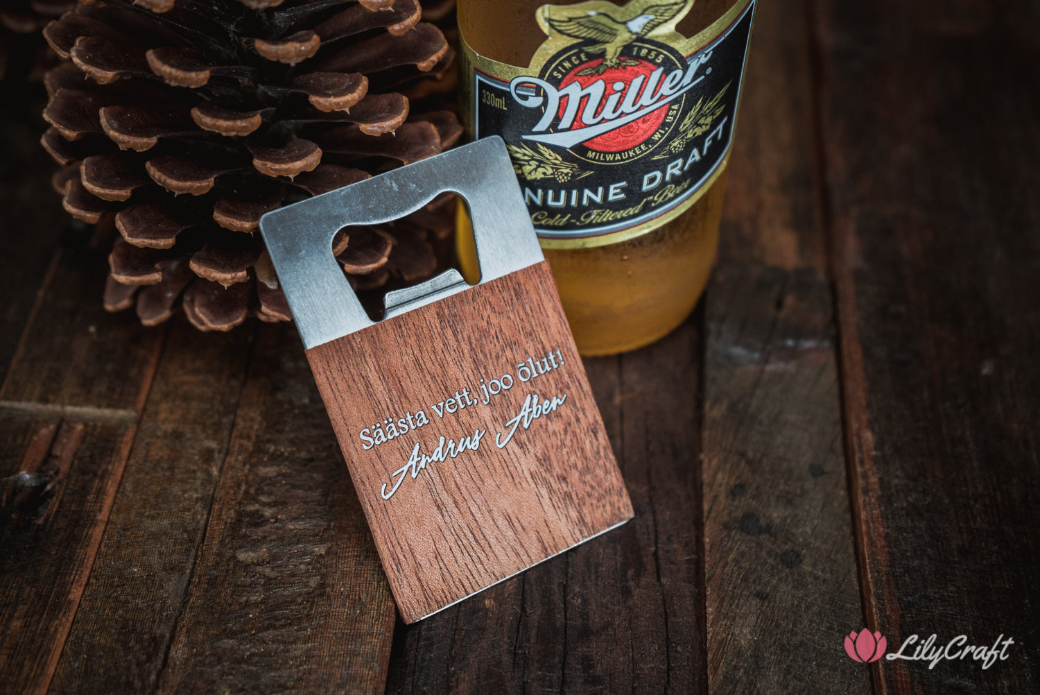 wood with silver engraving bottle opener lilycraft