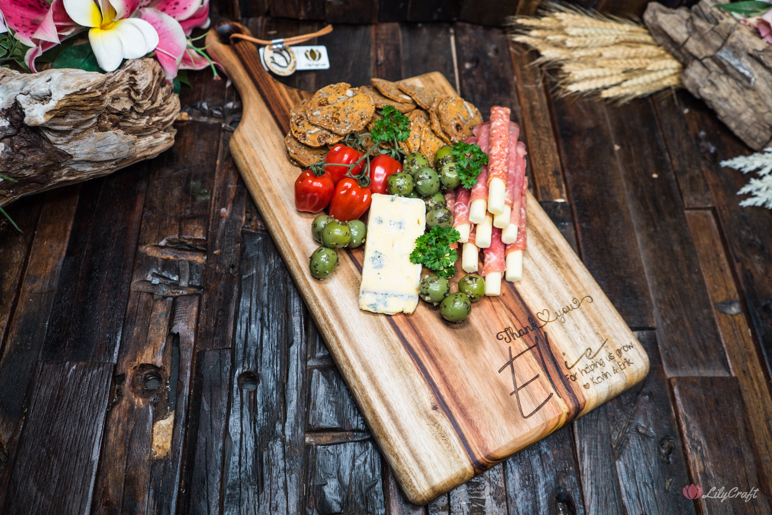 wooden charcuterie board with handles