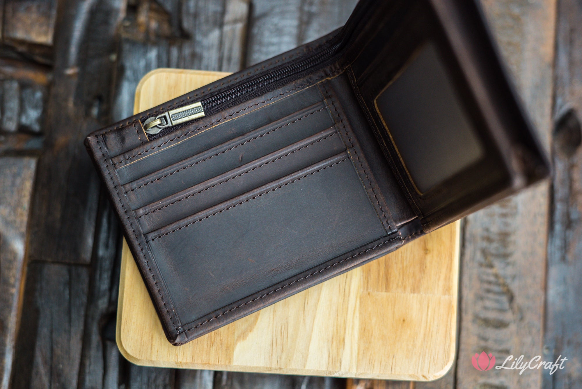 dark brown mens leather wallet with wooden gift box lilycraft