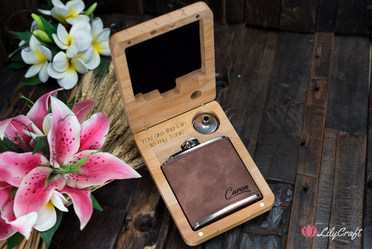 personalised hip flask gift set with wooden box