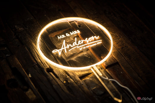 Customizable LED Wedding Cake Topper with holographic glow.