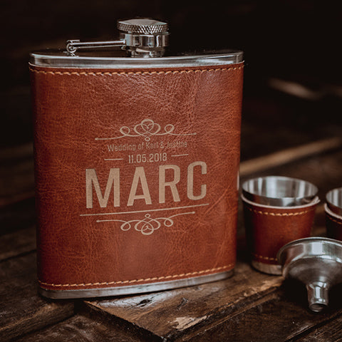 personalised gifts, custom engraved gifts, gift ideas, unique gifts, engraved hip flask, leather hip flask