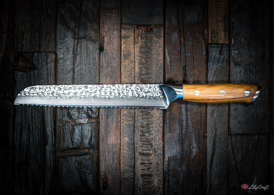 Hand-forged Damascus bread knife with hammered finish
