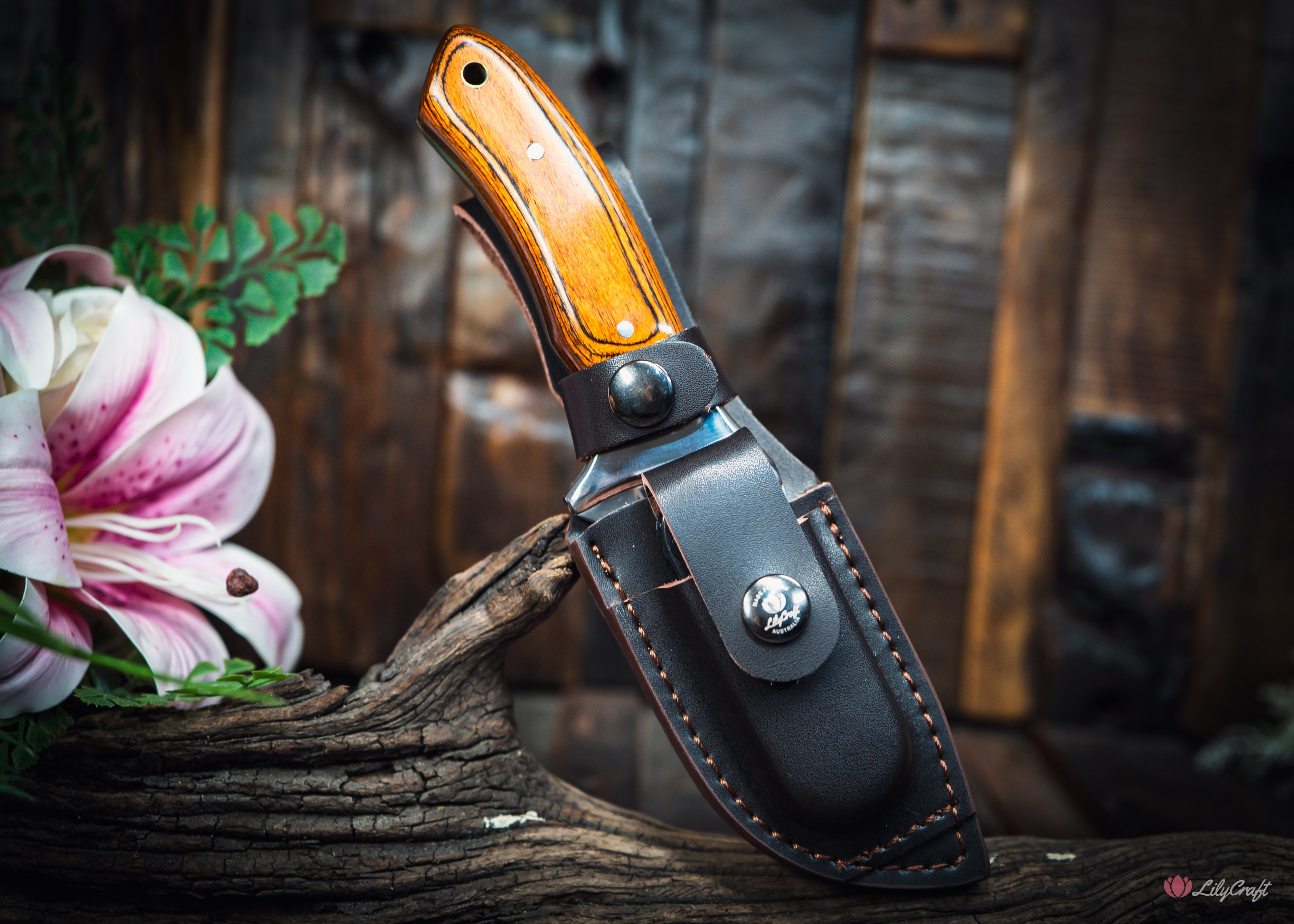 hunting knife with leather sheath and sharpener australia
