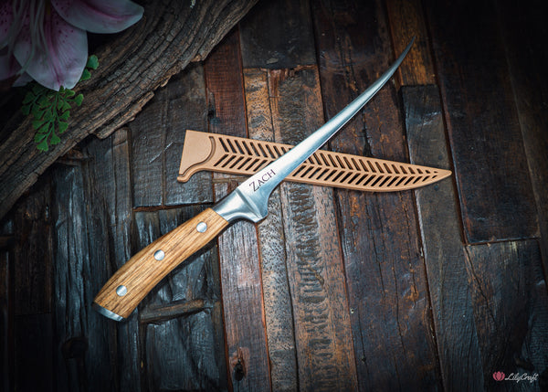 Custom engraved filleting knife in carved wooden presentation box fishing anniversary gift