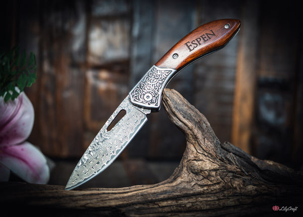 Damascus steel pocket knife in custom wooden gift box