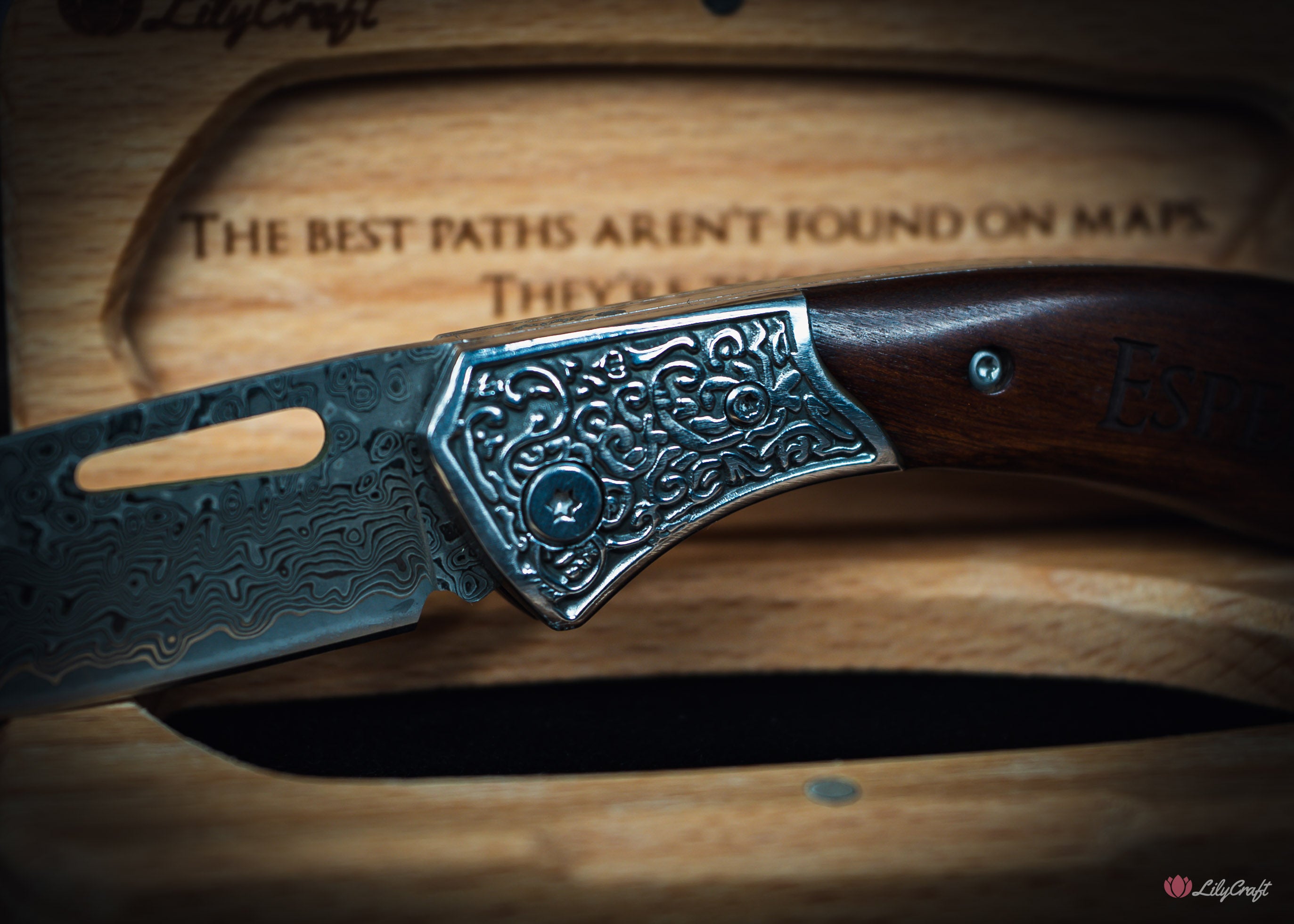 Rosewood handle Damascus folding knife