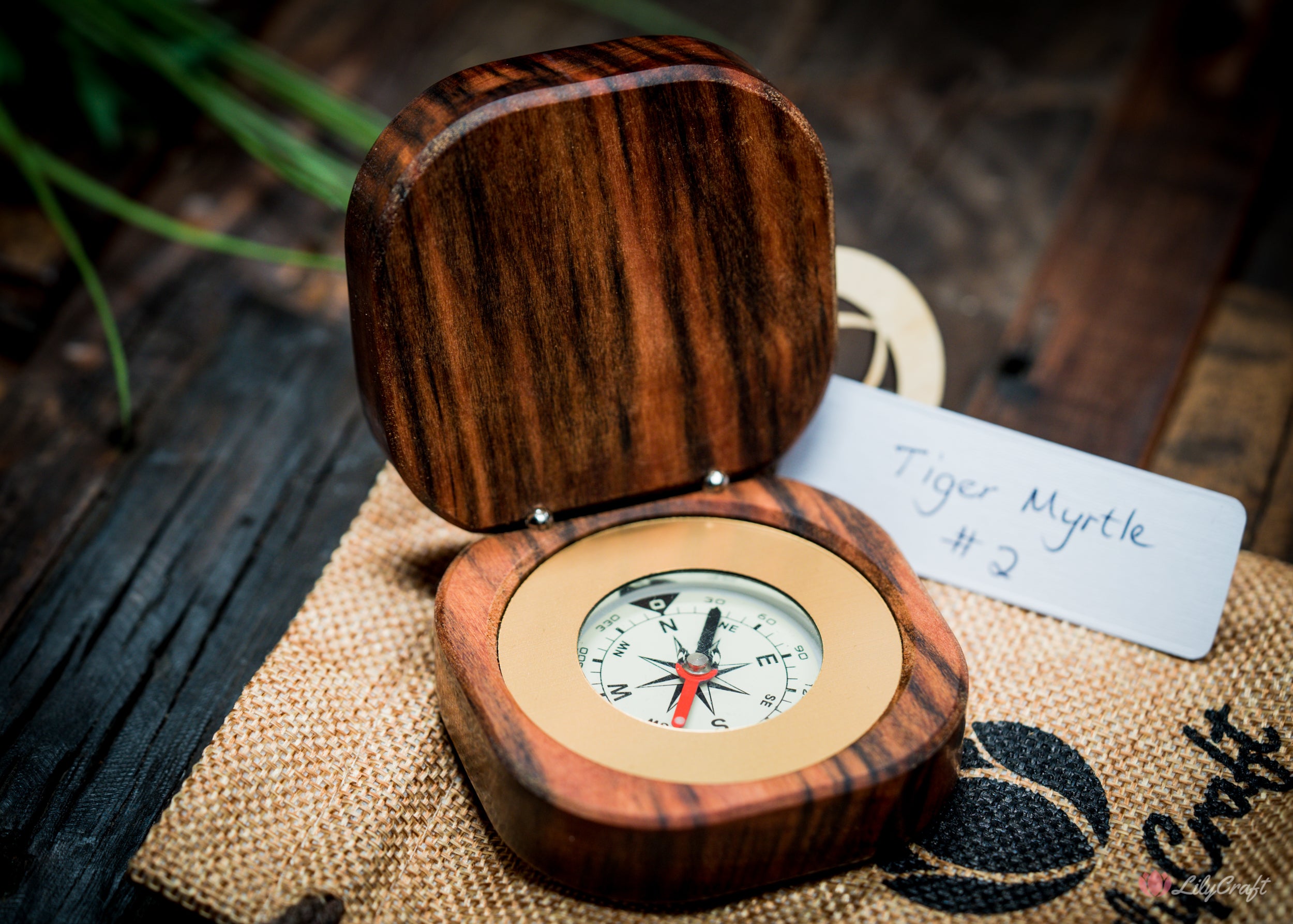 Handcrafted wooden compass with Tiger Myrtle wood 