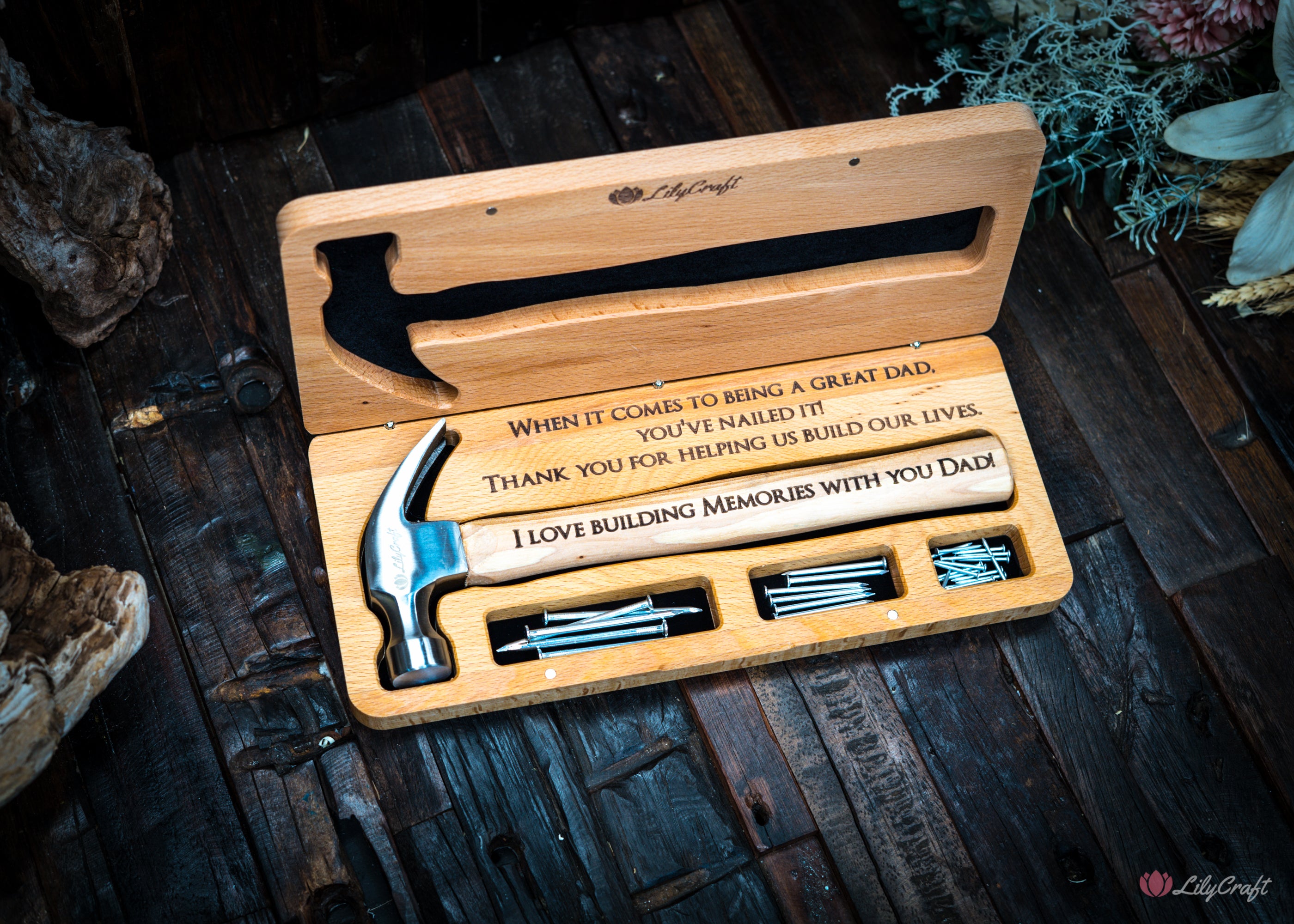 custom personalised hammer with wooden gift box and nails gifts for him