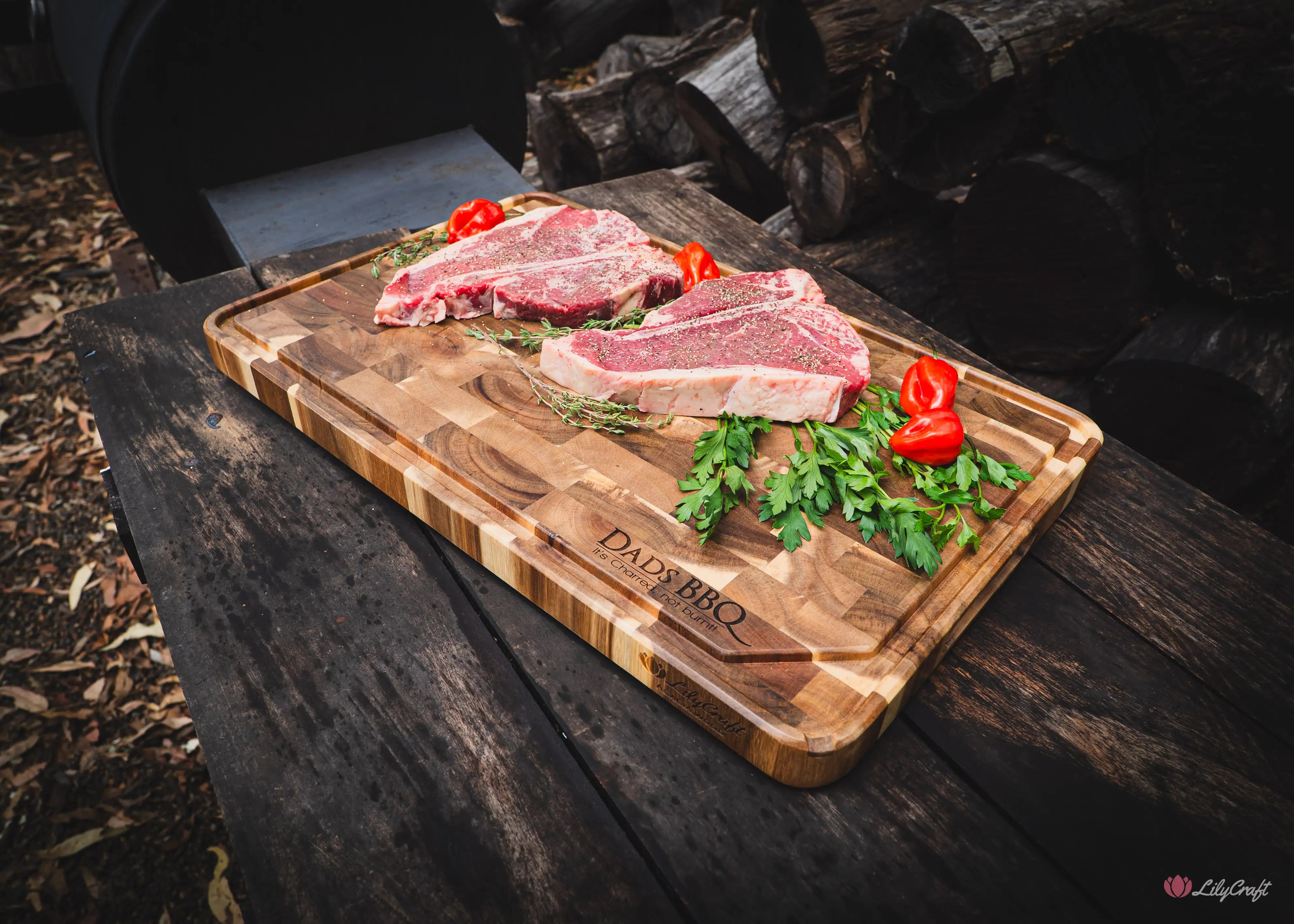 Thick acacia wood butcher block for outdoor kitchens