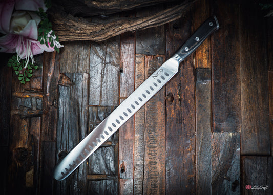 Smoked meat slicing knife with non stick scallops for clean brisket cuts