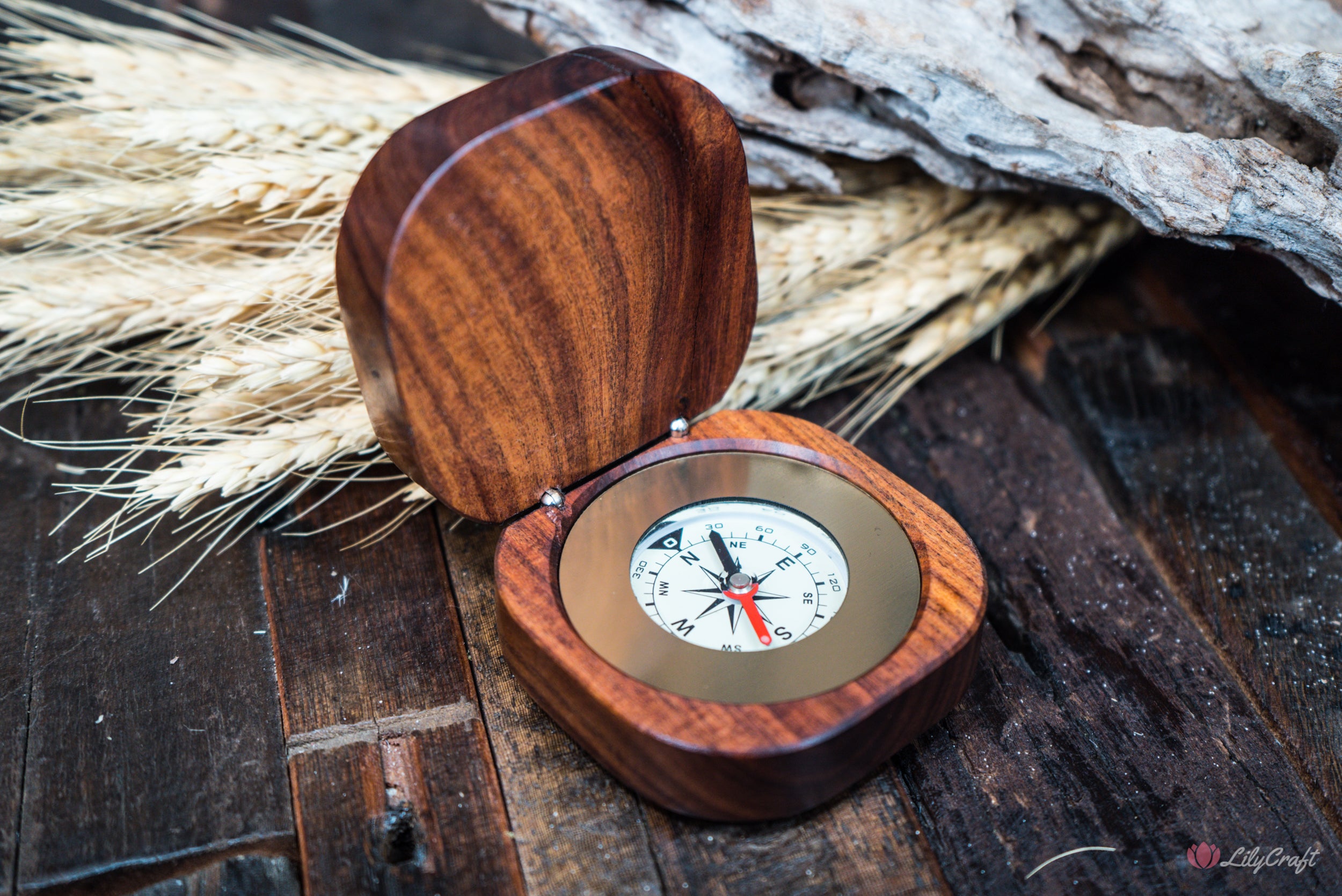 Engraved wooden compass for a farewell gift burdekin plum wood