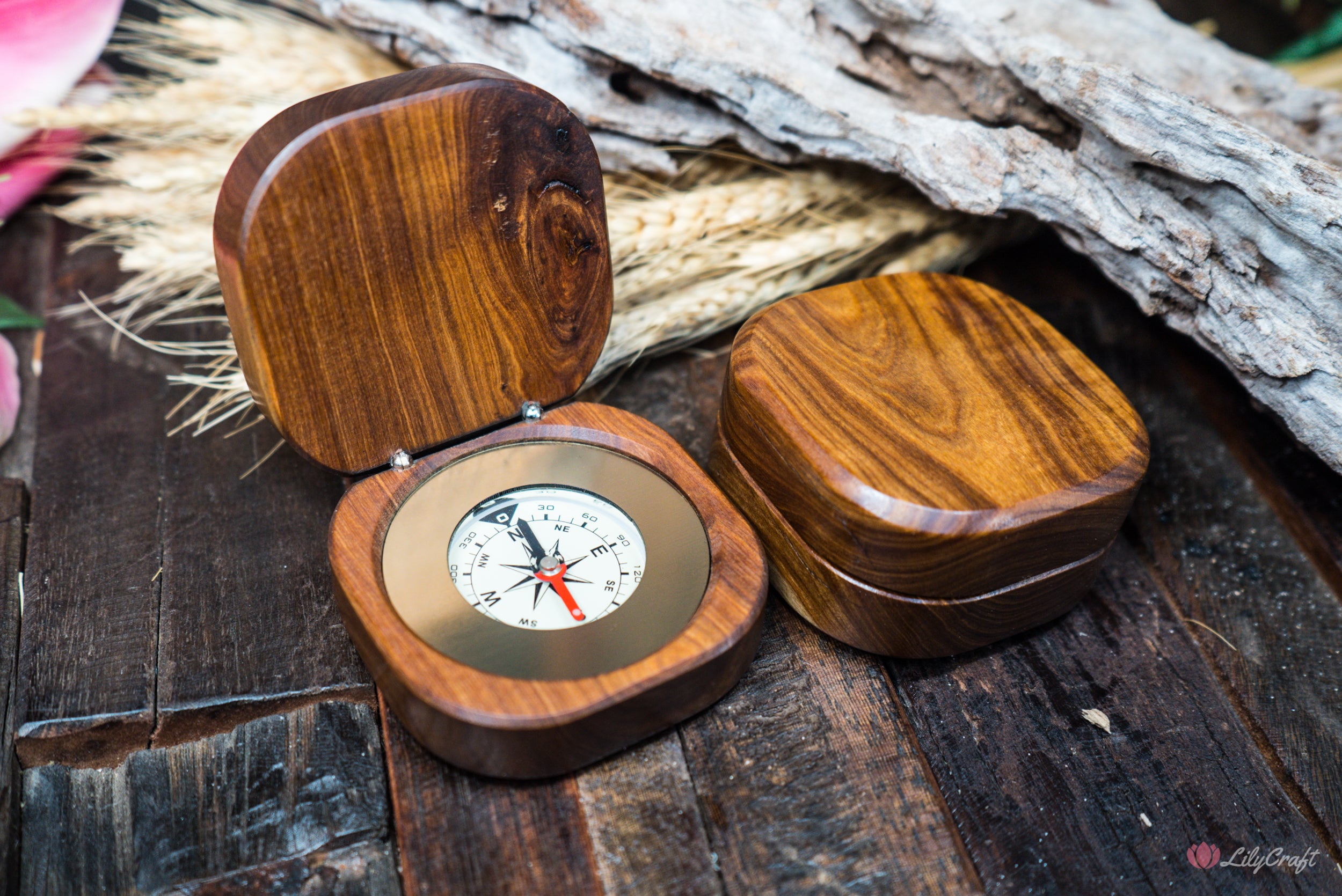 Engraved wooden compass for a farewell present made from sandalwood