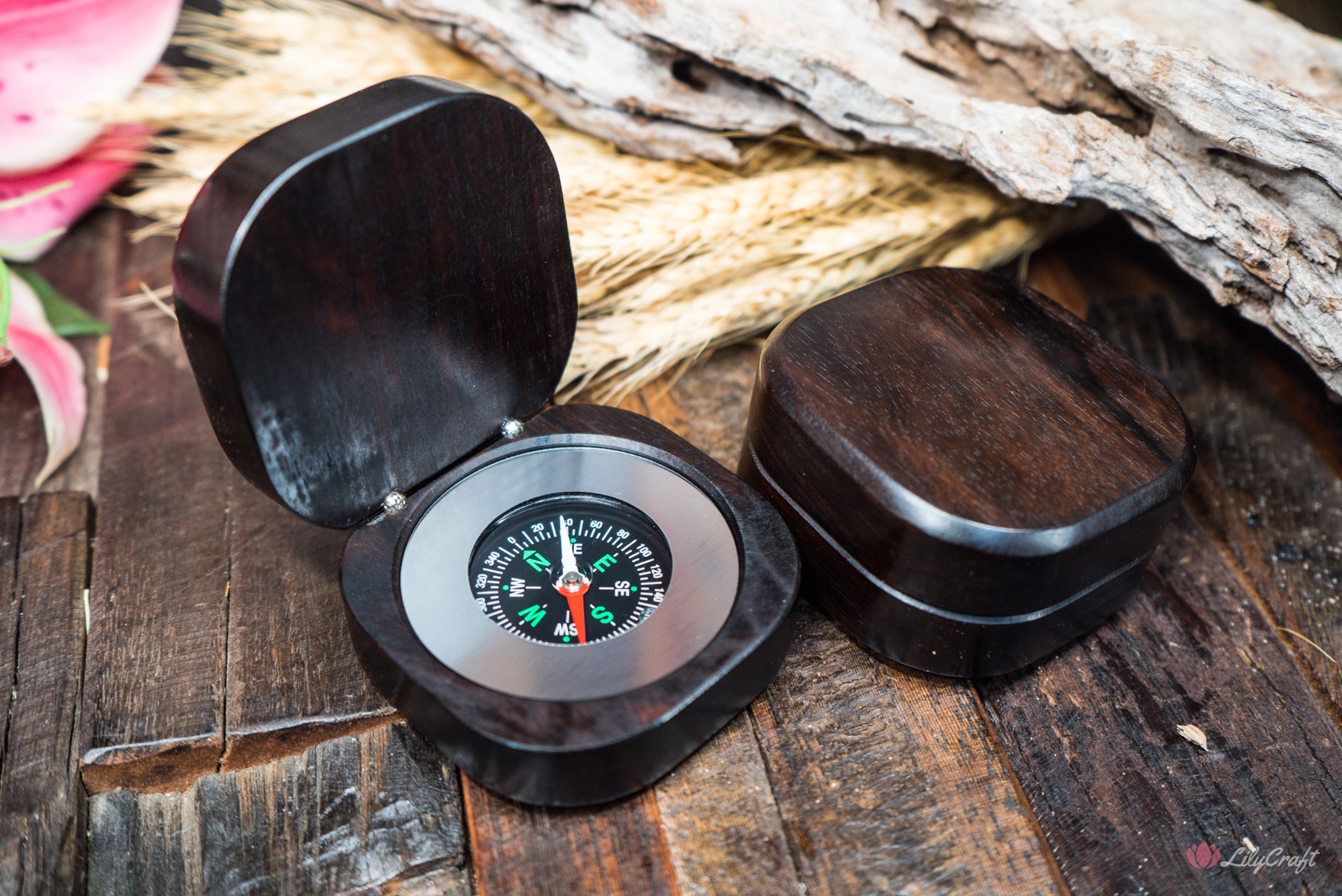 Custom wood compass with personalised message ebony wood