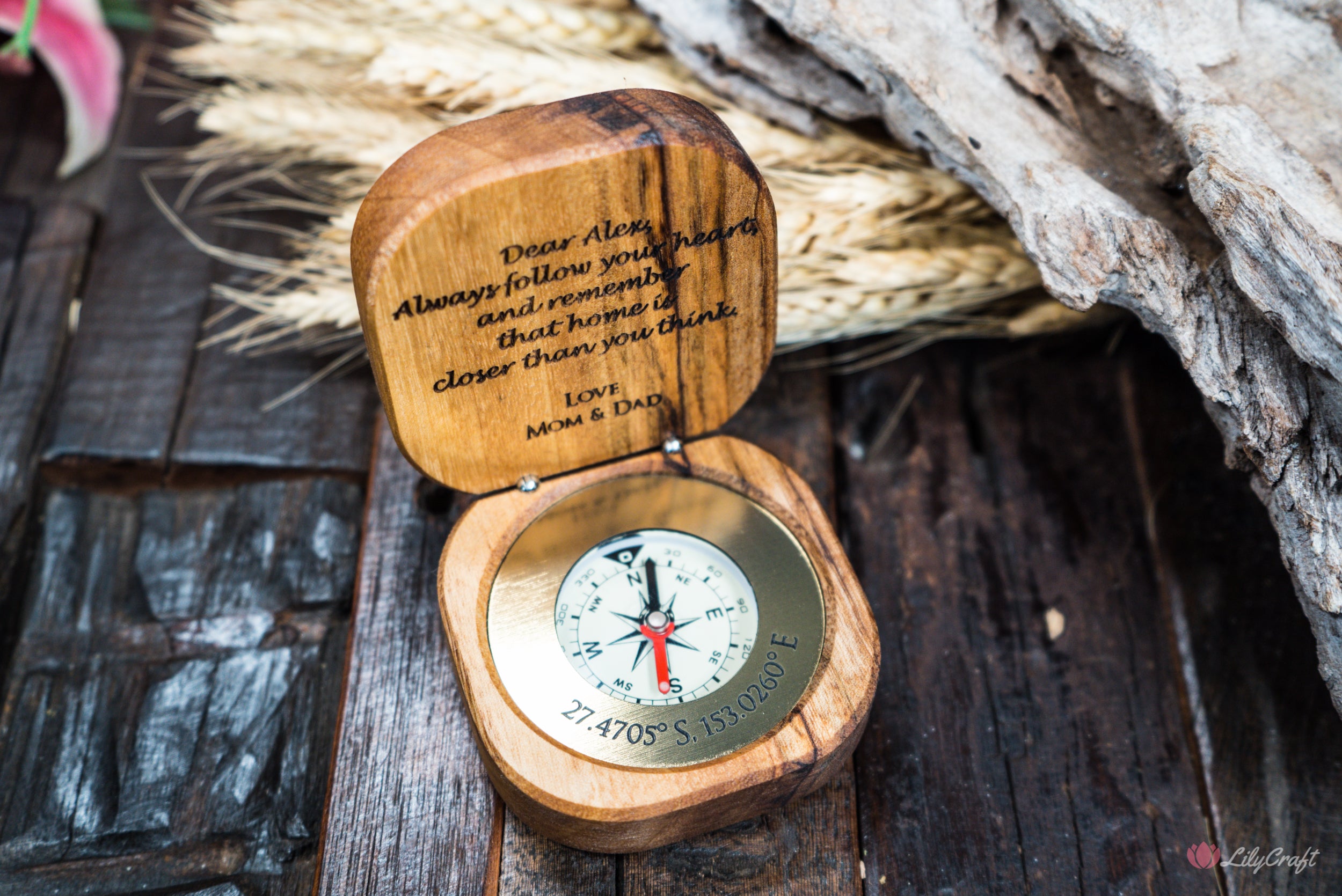 Engraved wooden compass for a memorable gift