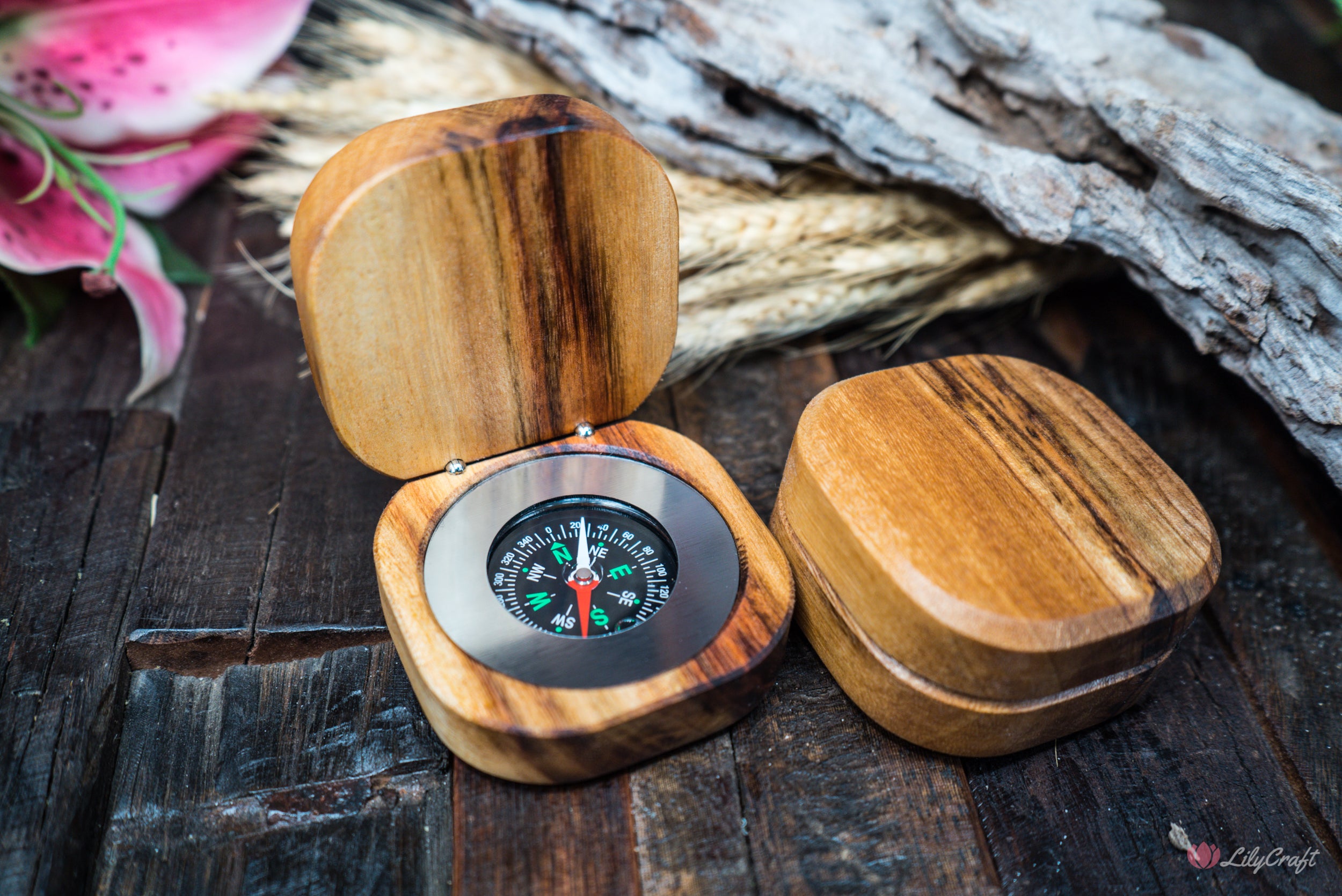Engraved wooden compass for backpackers and hikers camphorwood