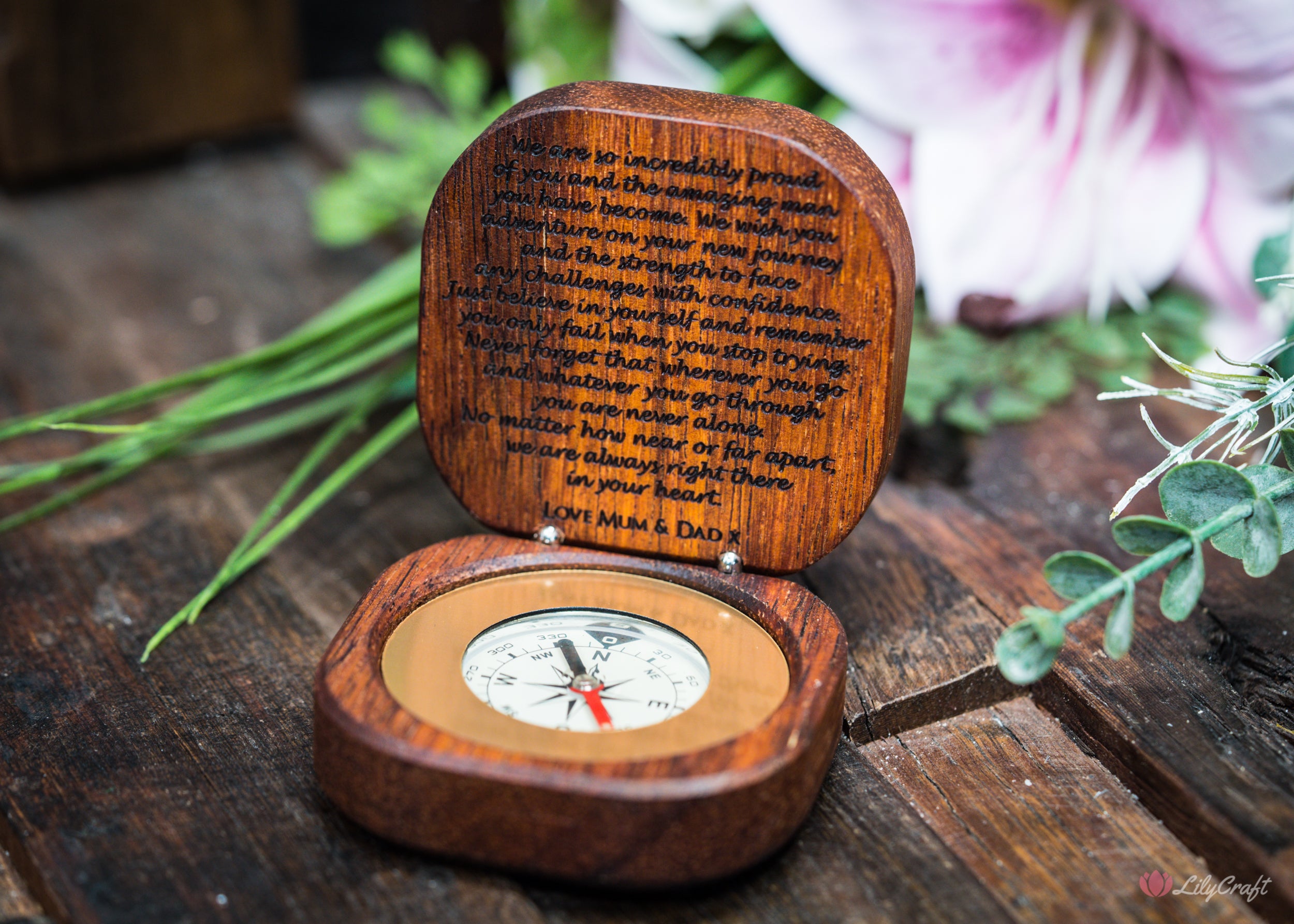 Engraved Intsia wood compass