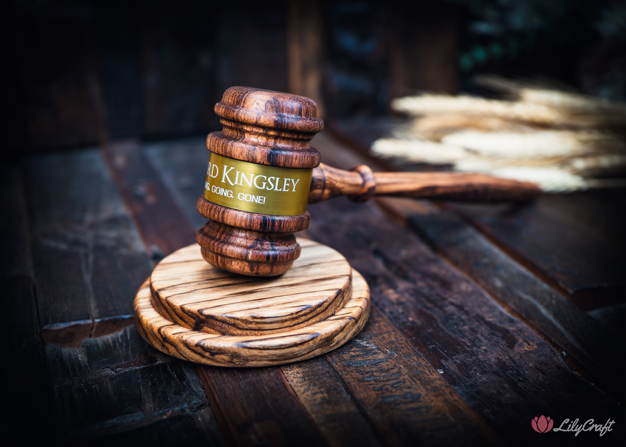 engraved courtroom gavel with block