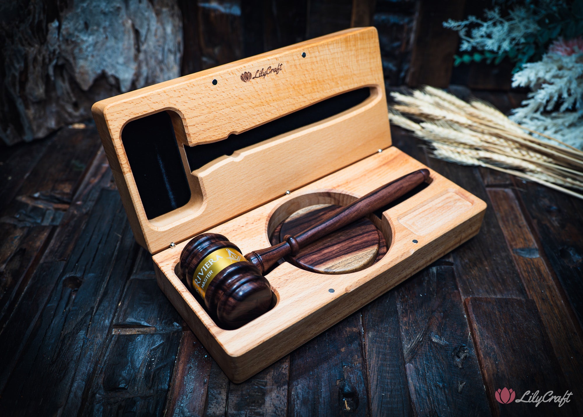 engraved wooden gavel with sound block