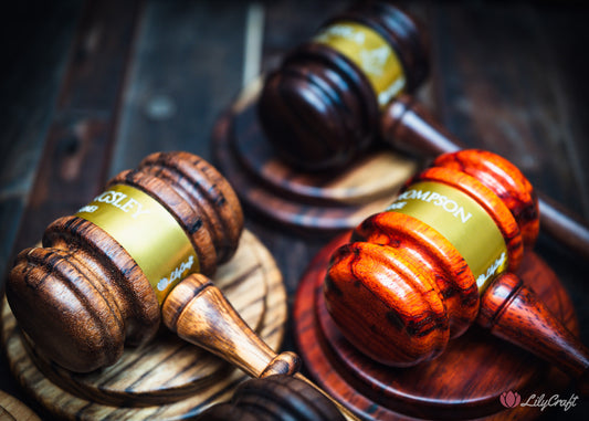 Wooden gavels with 'LilyCraft' branding on a dark background