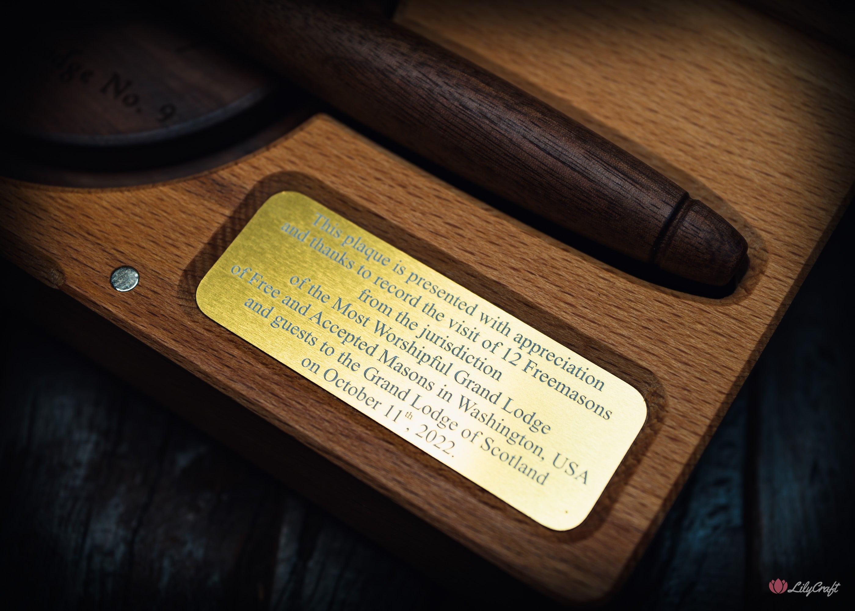 Handcrafted wooden gavel and engraved sound block for Masons
