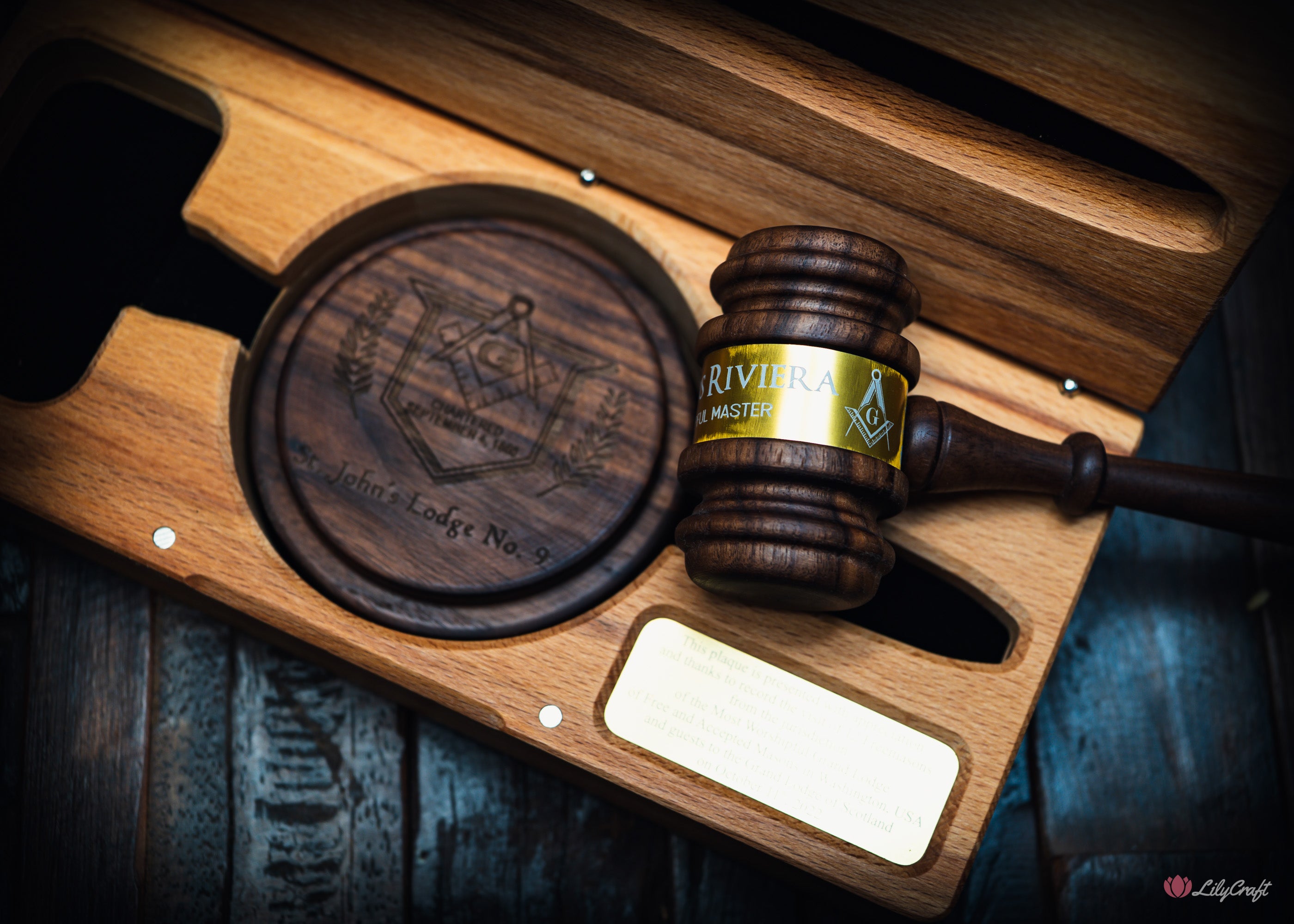 Custom engraved Masonic sound block with wooden gavel