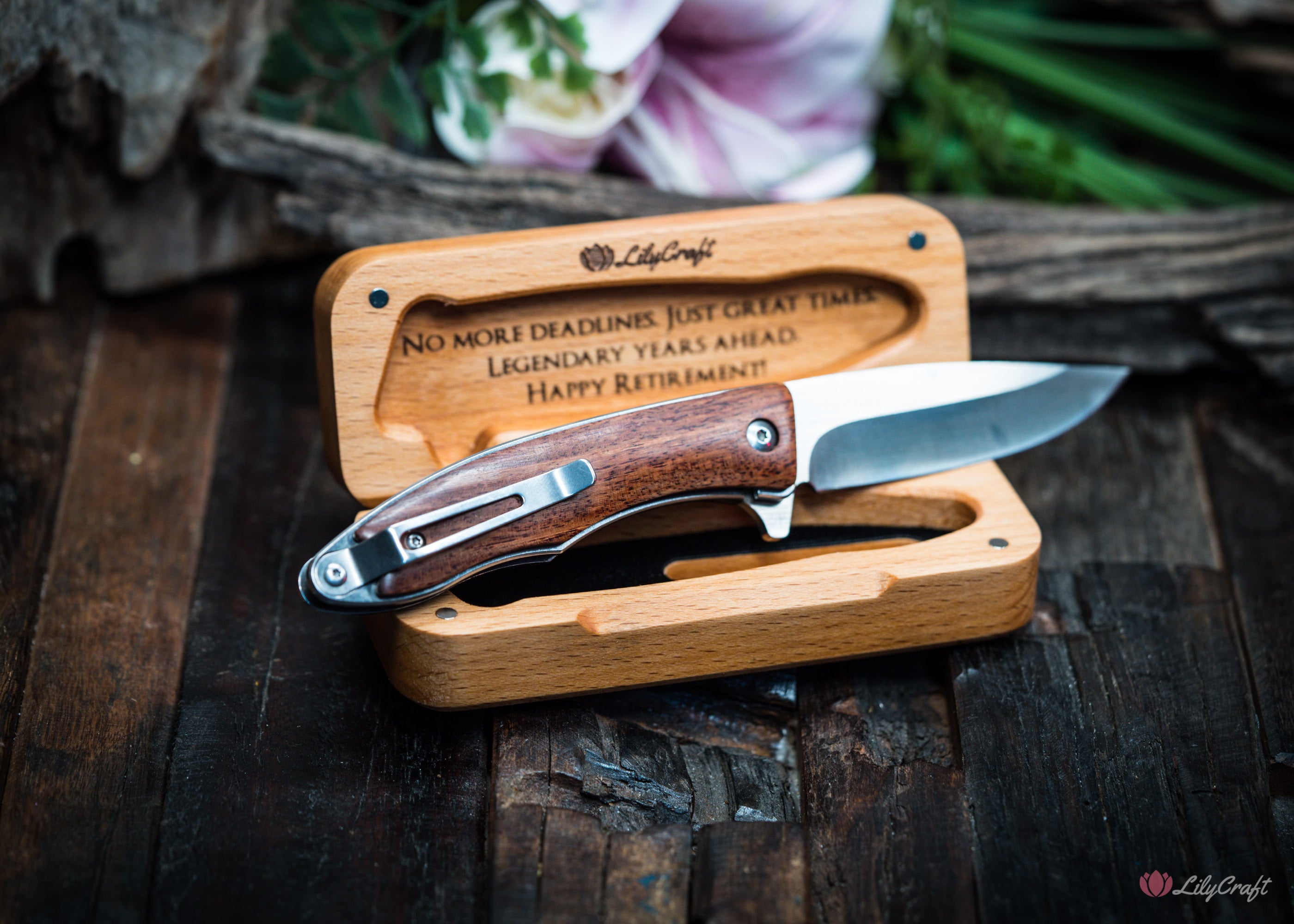 Personalized wood gift box with folding knife inside