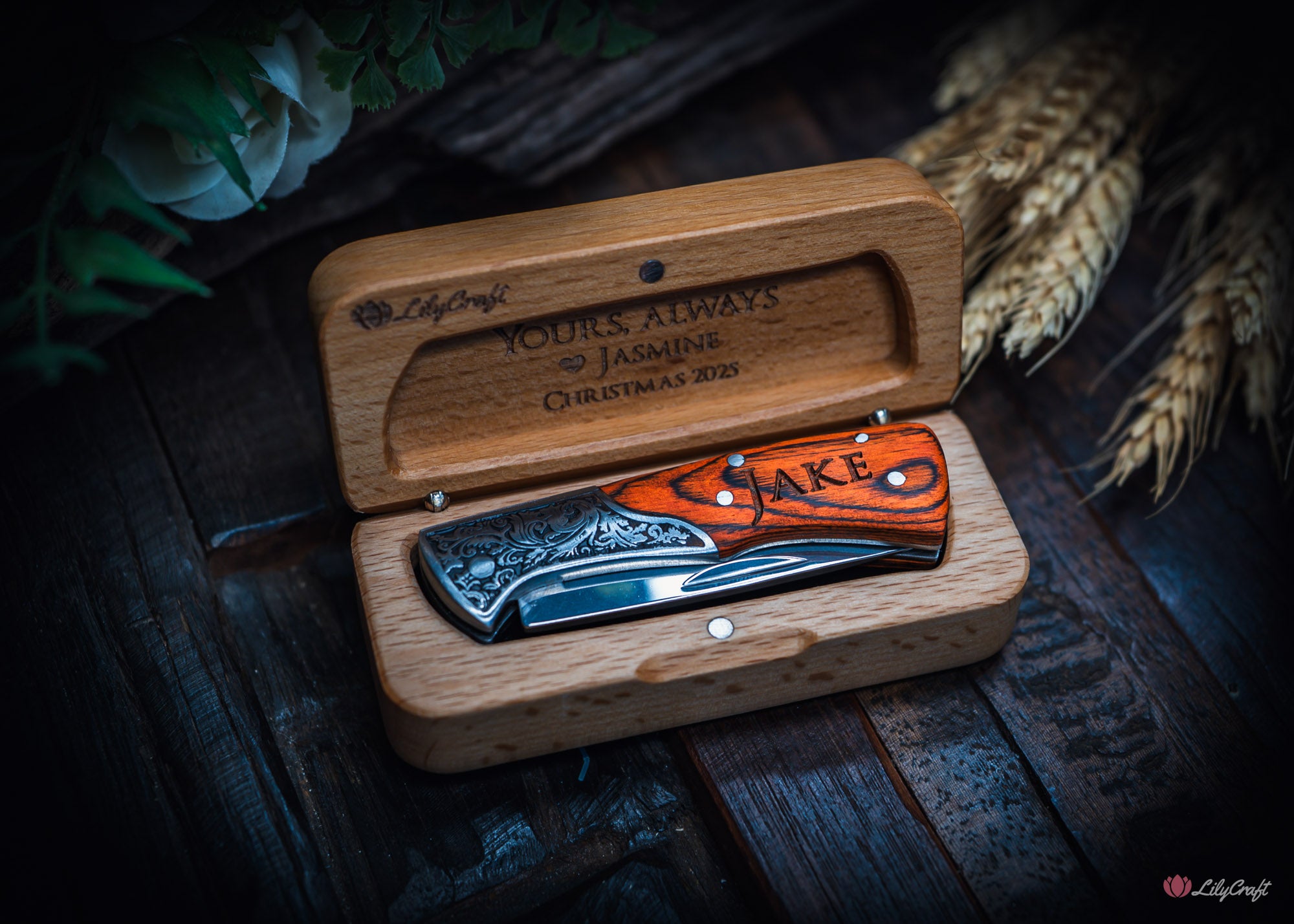 wooden handle gentlemans knife with wooden gift box