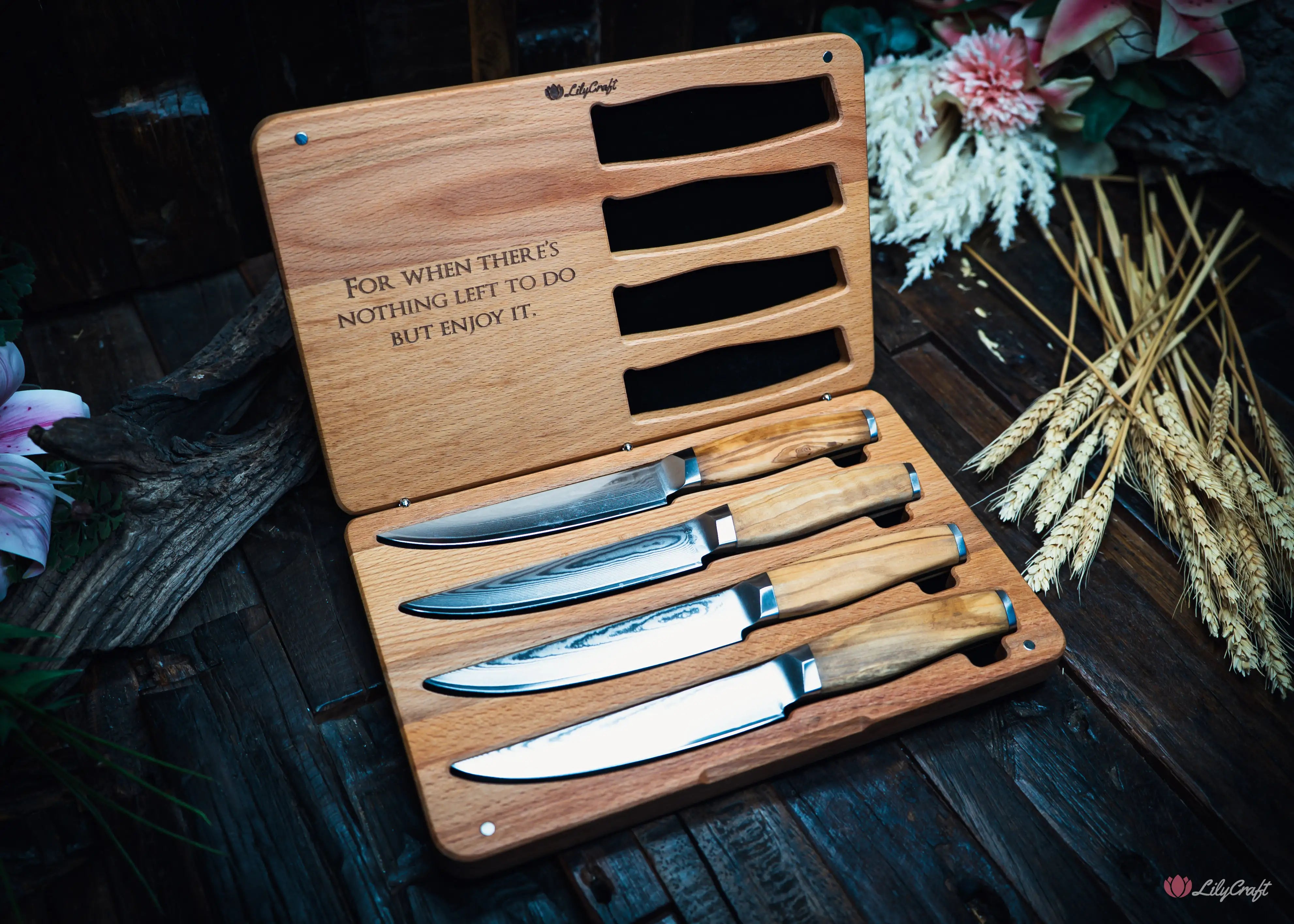 damascus steak knife set with box