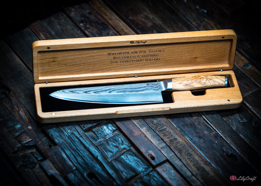 Custom engraved chef knife in wooden gift box