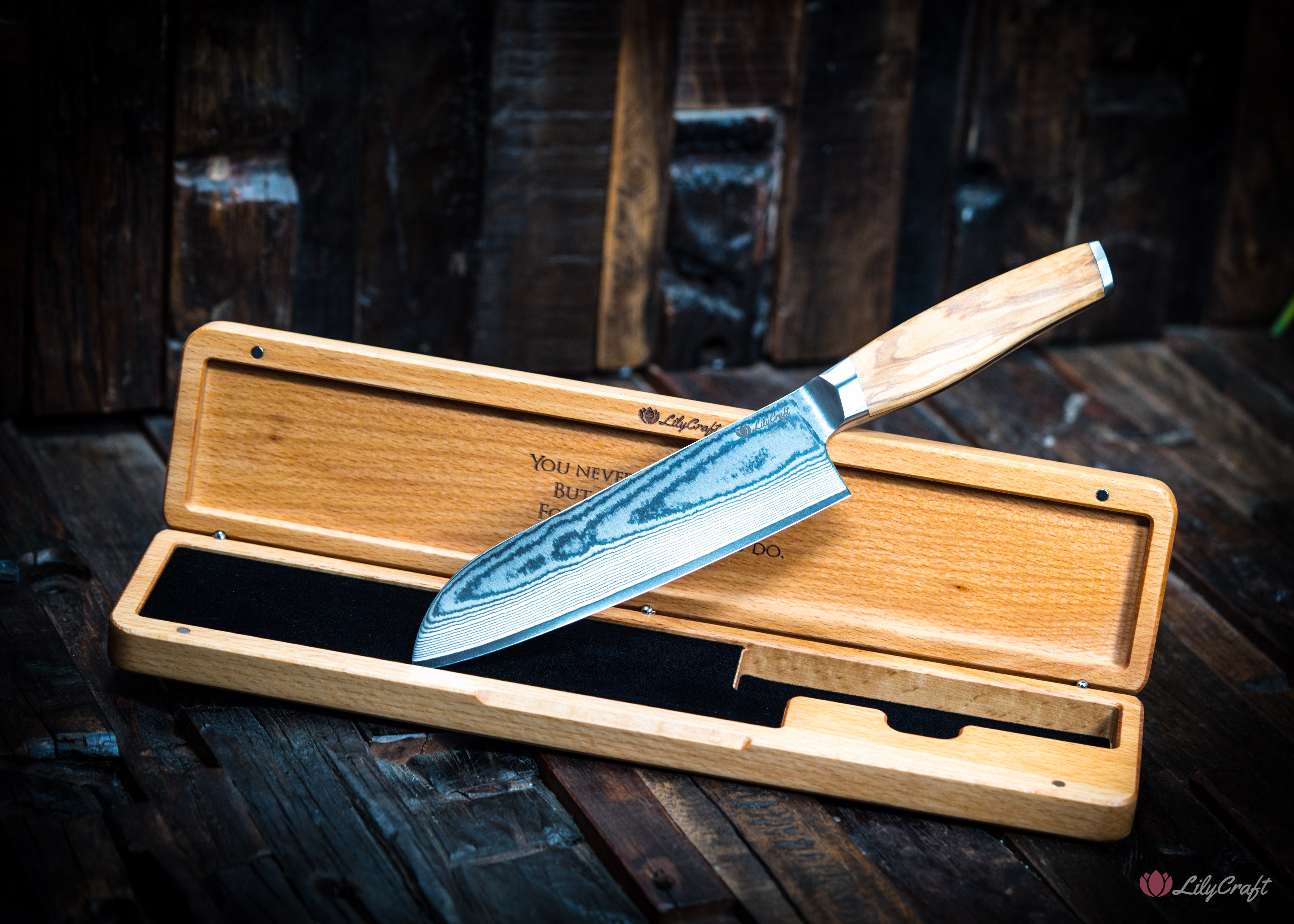 Santoku knife with olive wood handle and custom box