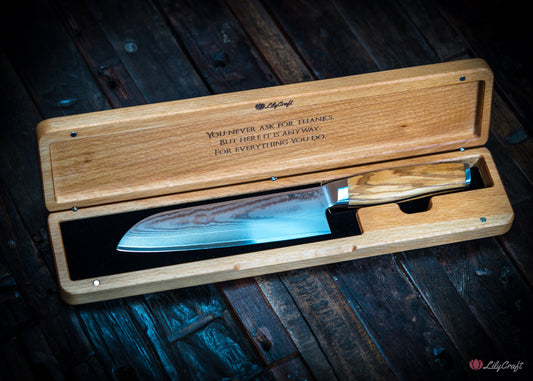 Gift Santoku knife with personalised wooden case