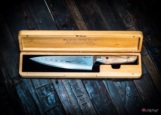 Premium kitchen knife with personalised wood gift box