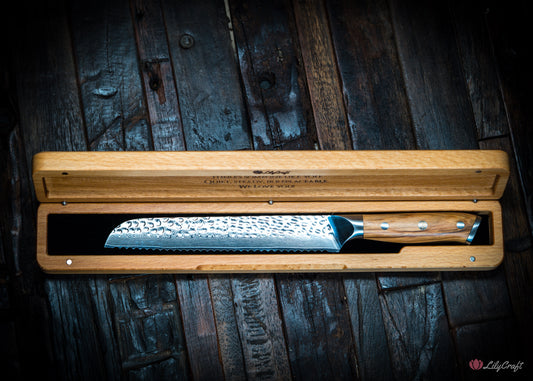 Japanese steel serrated bread knife with olive wood handle
