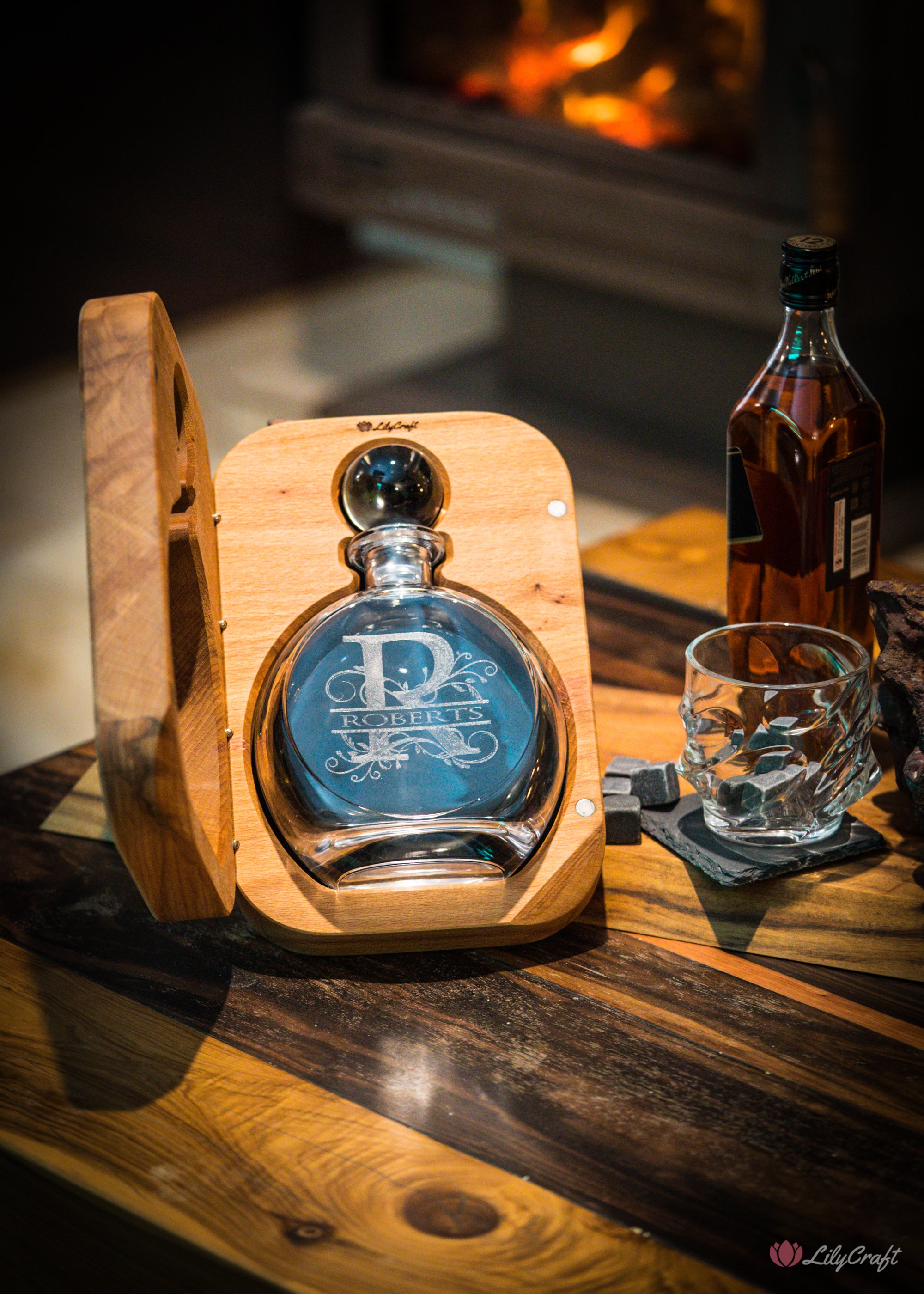 Custom-engraved decanter set with elegant wooden gift case.