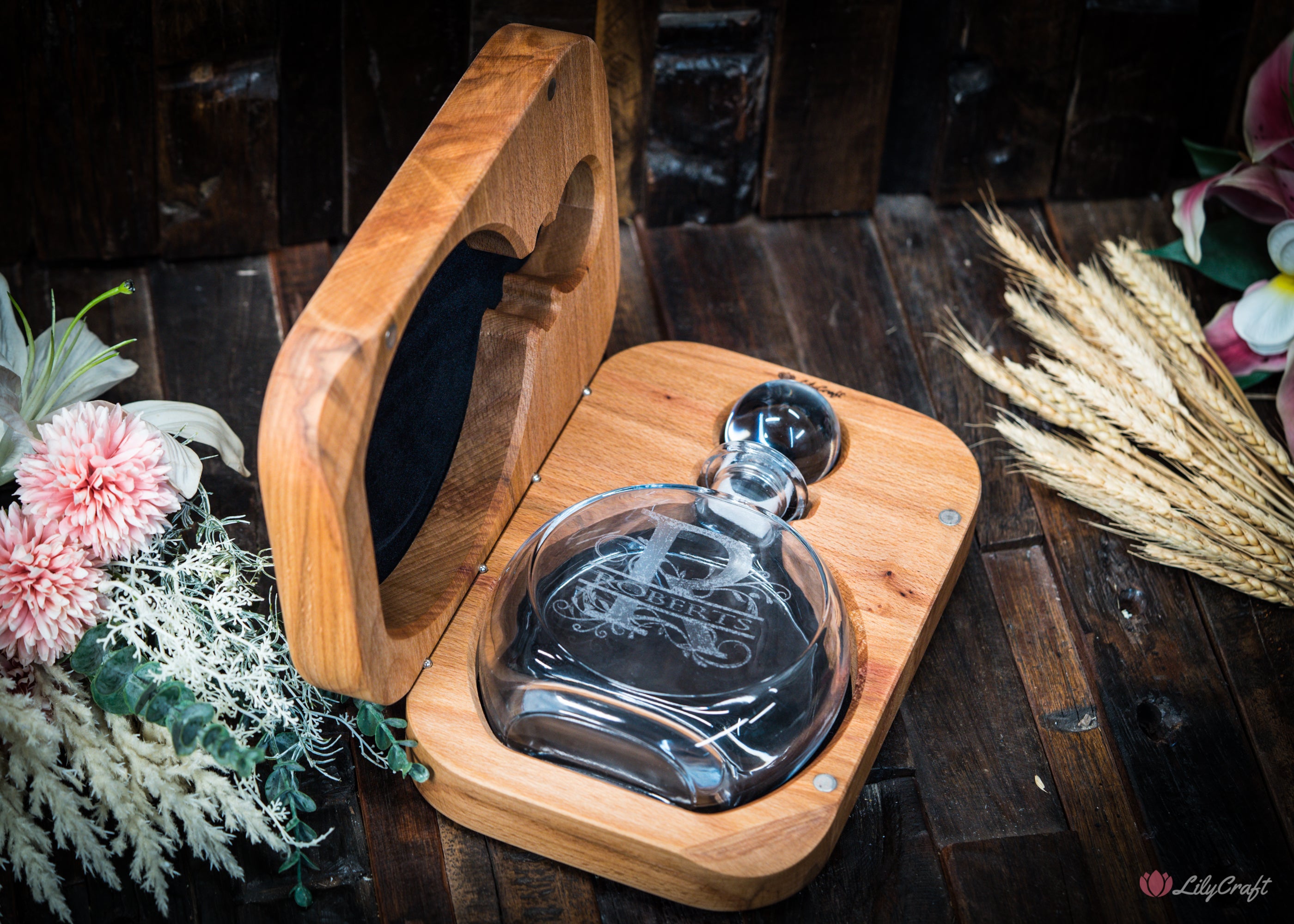 Custom whiskey carafe with engraved details and luxury gift box.