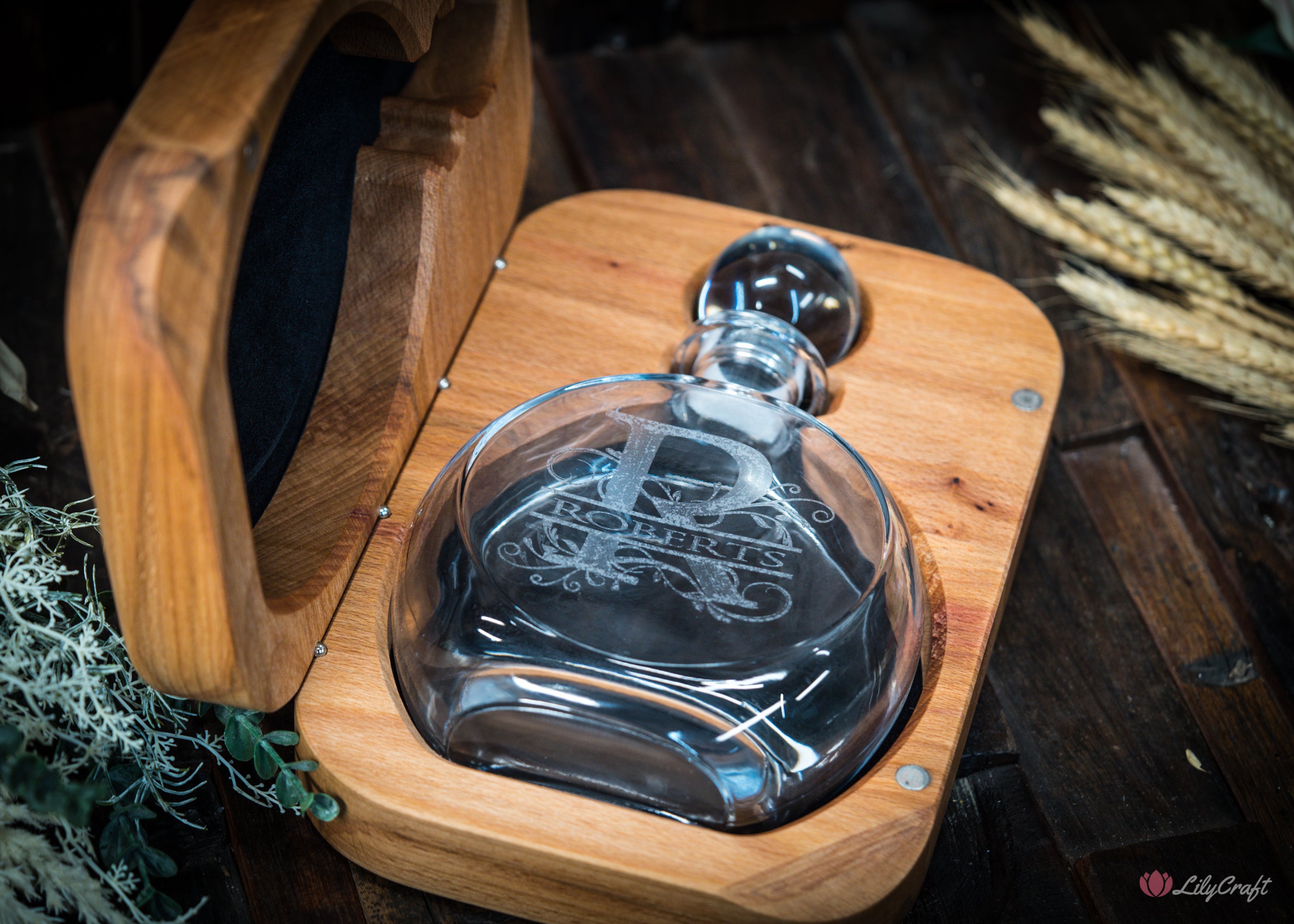 Premium scotch decanter with personalized wooden gift case.